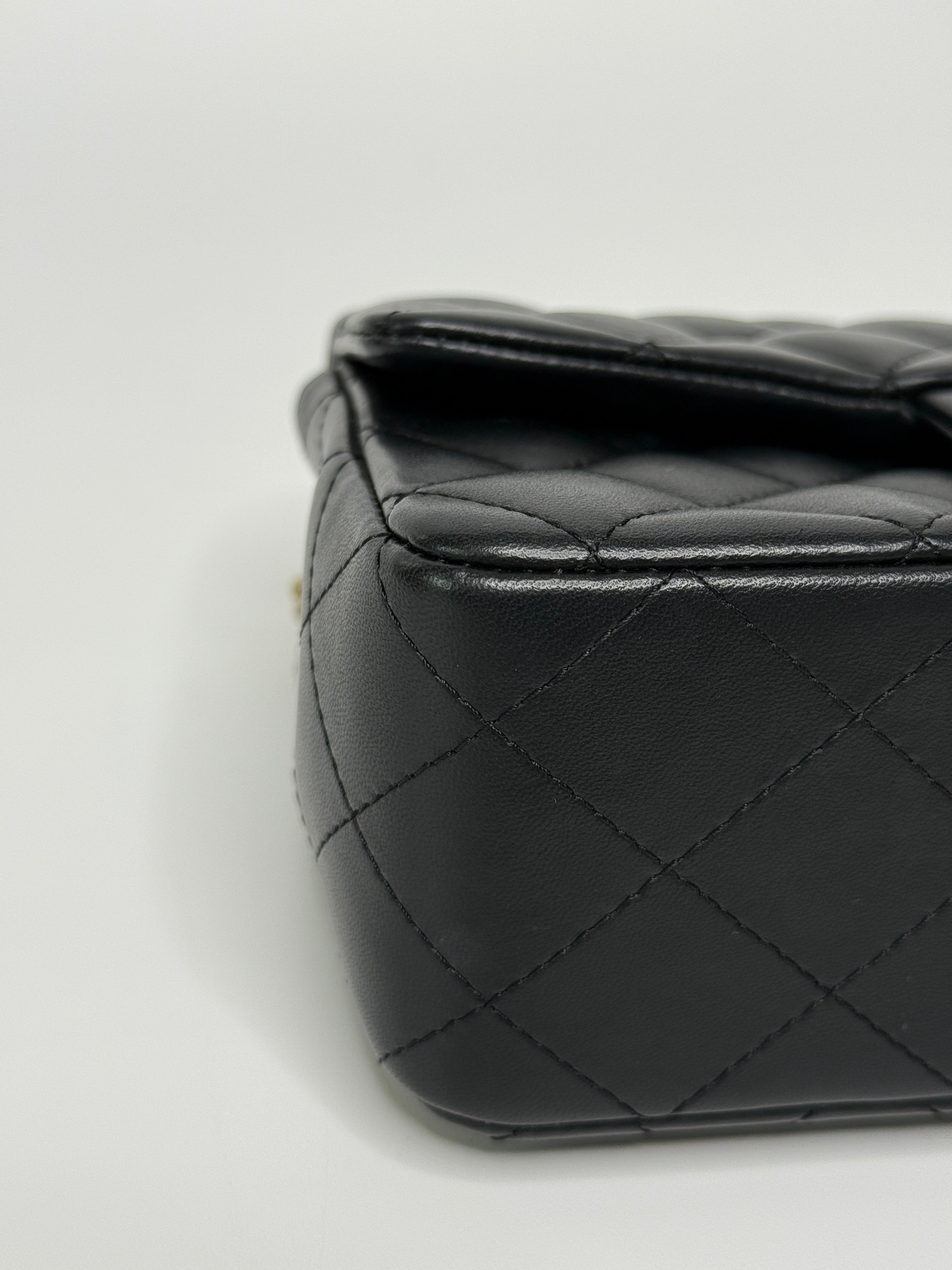 Chanel Mini Rectangle Top Handle Flap Bag In Black Lambskin With Pale Gold Hardware