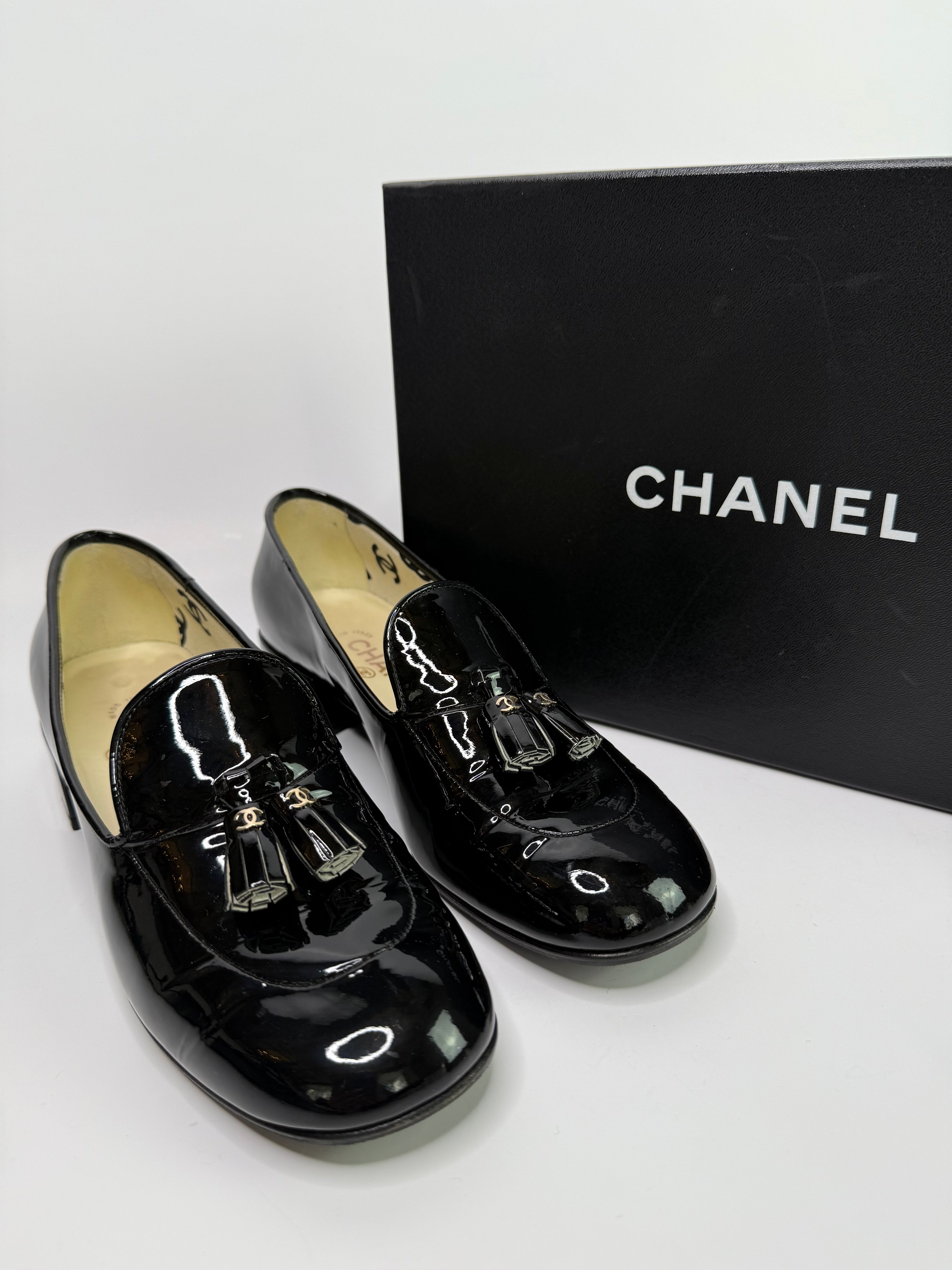 Chanel Black Patent Loafers (Size 38/UK5)