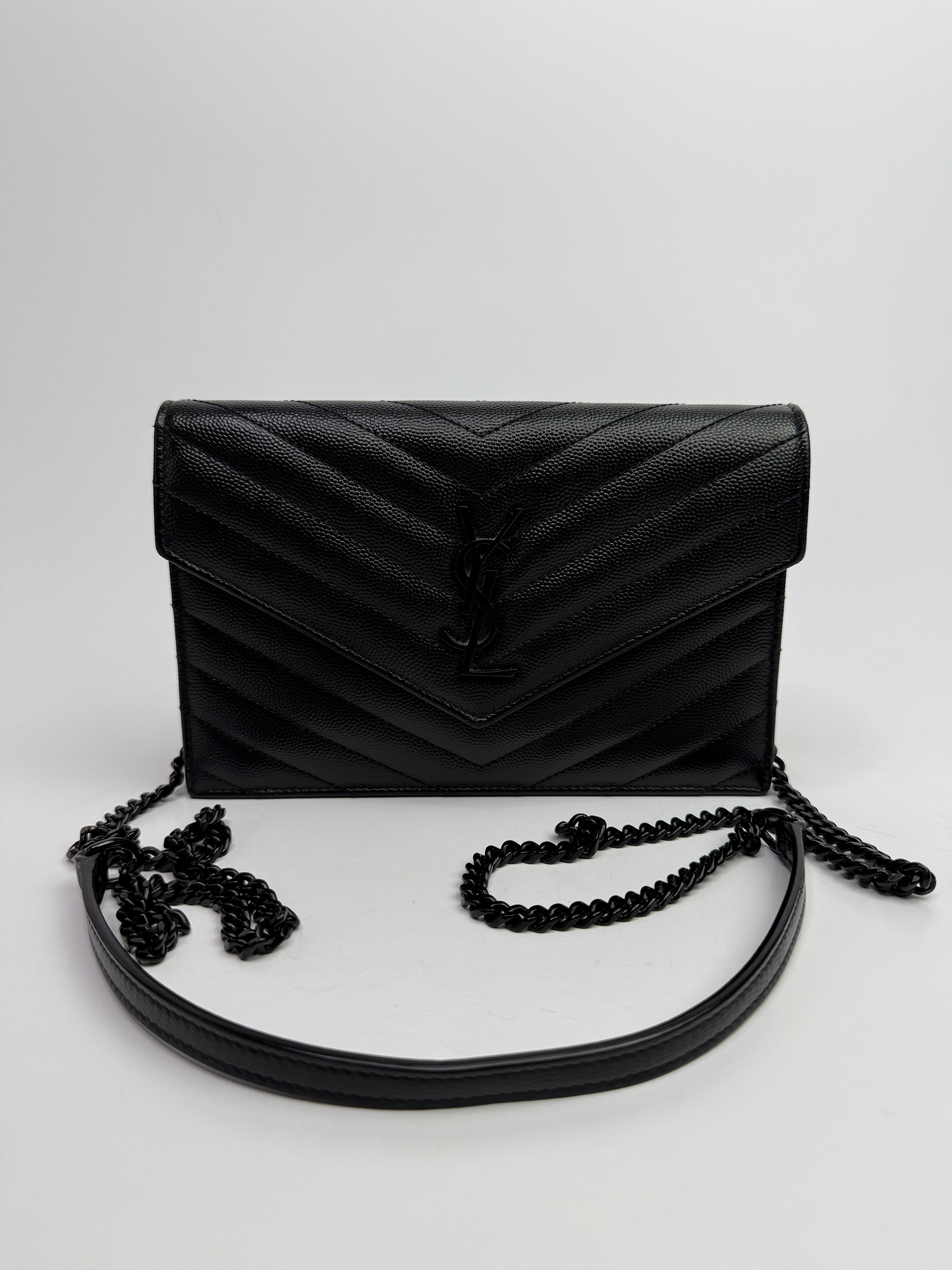 Saint Laurent Cassandre Matelassé Textured- Leather Wallet On Chain