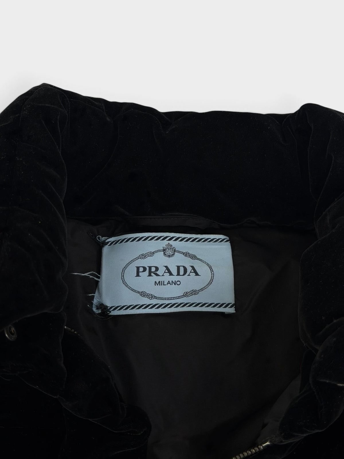 Prada Down-Filled Puffer Jacket In Black Velvet (Size 44/UK 12) 100% authentic and preloved in excellent condition