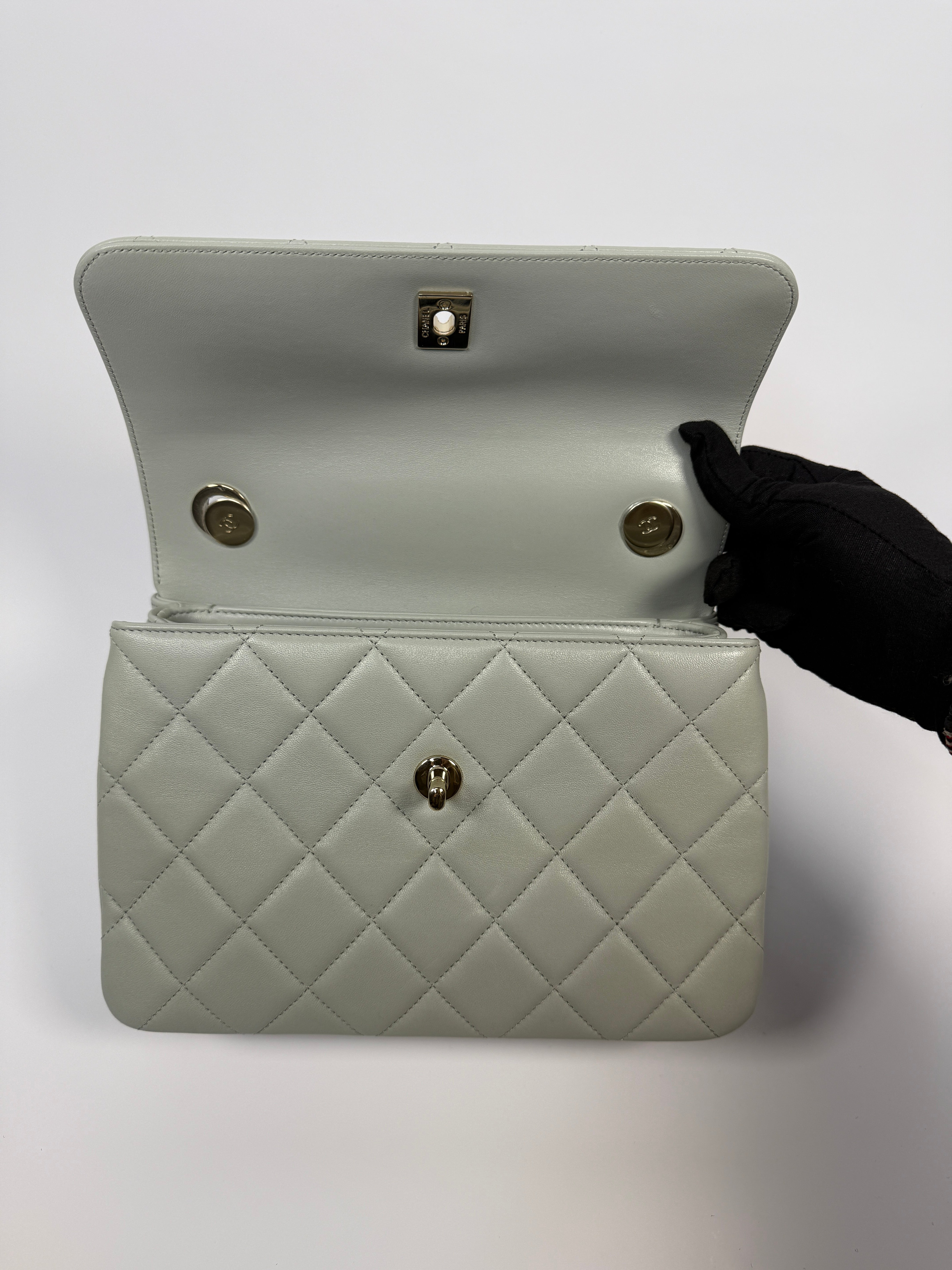 Chanel Small Trendy Top Handle Flap Bag In Glacier Lambskin With Gold Hardware Authentic and preloved in excellent condition