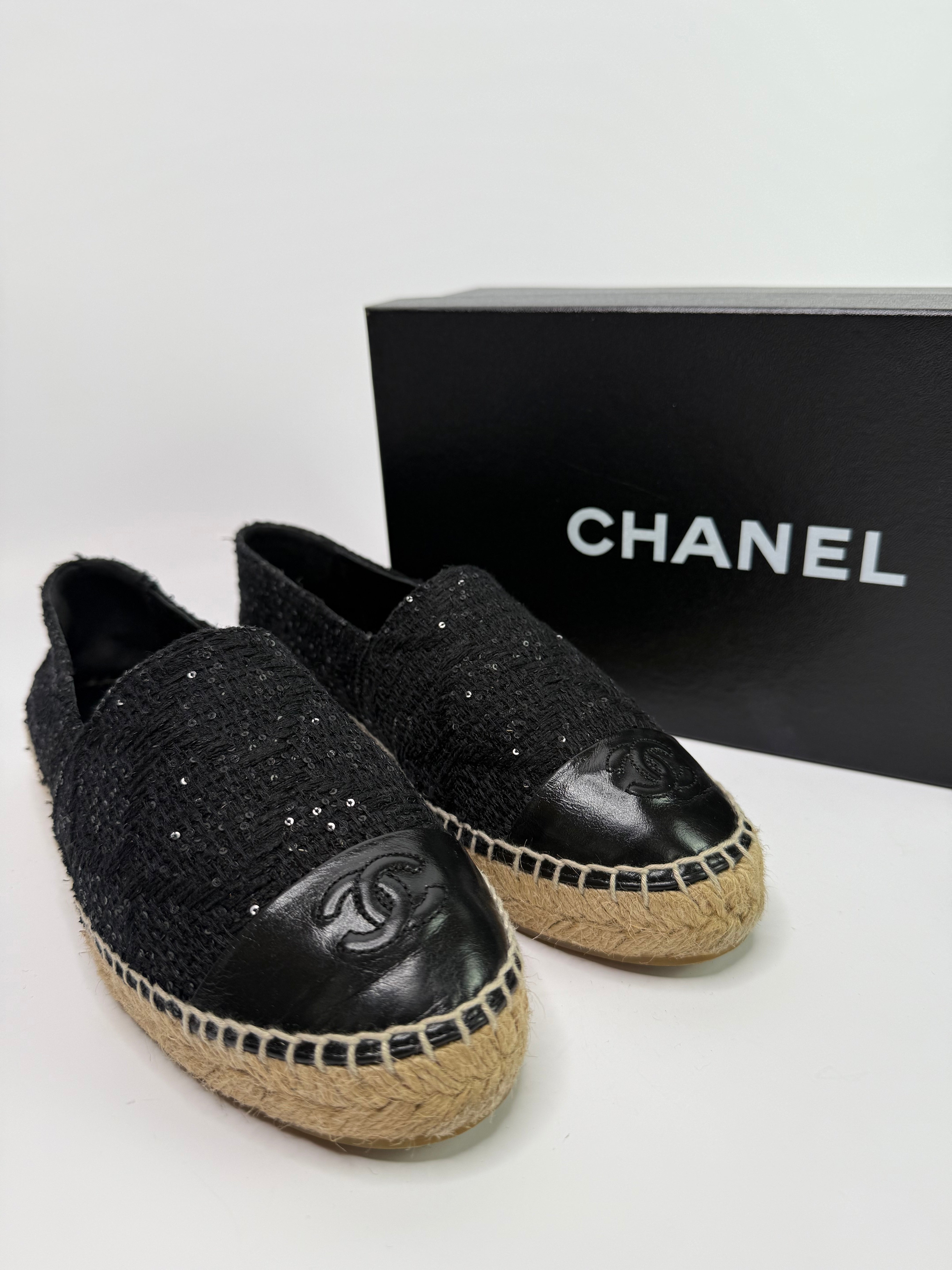 Chanel Black Glitter Espadrilles (Size 38/UK 5)