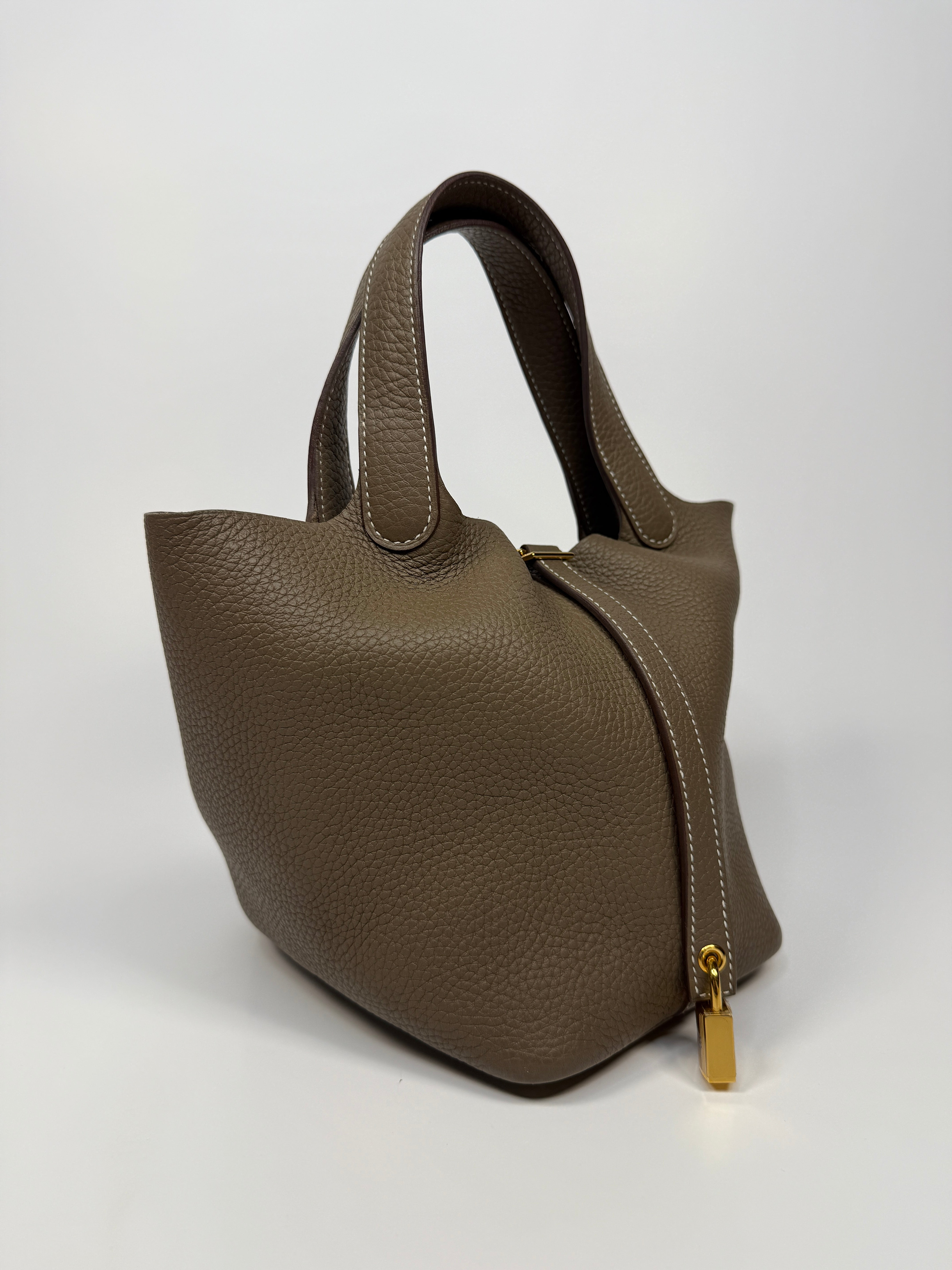 Authentic Pre Loved Hermès Picotin 18 In Etoupe Clemence Leather With Gold Hardware Excellent Condition