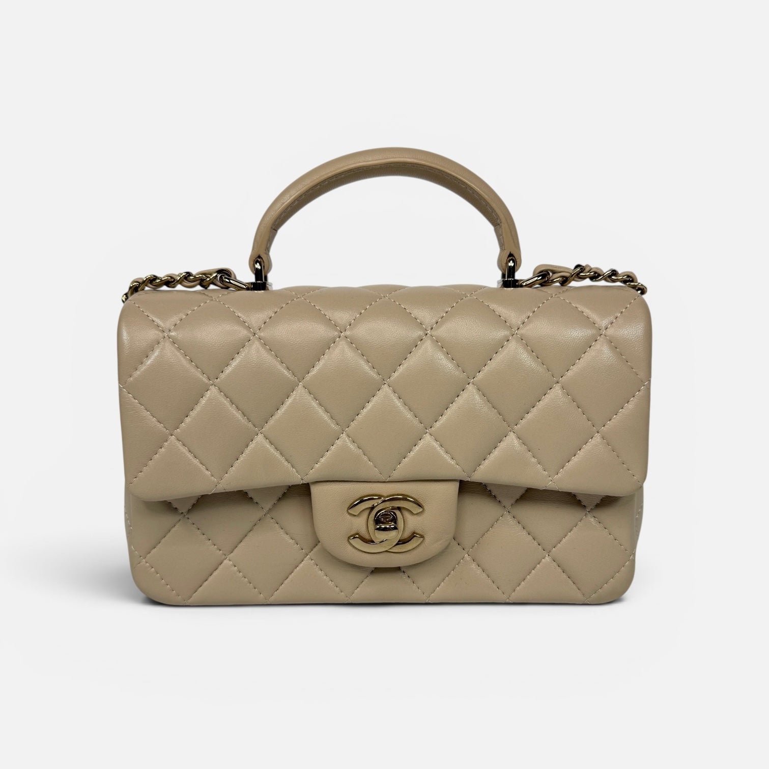 Chanel Mini Rectangle Top Handle In Ecru Lambskin Leather With GHW