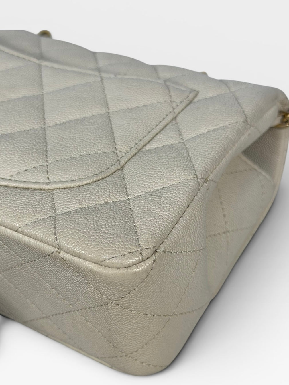 Chanel Mini Rectangle Top Handle In Cream Caviar Leather With Aged Gold Hardware. 100% authentic and preloved in excellent condition.