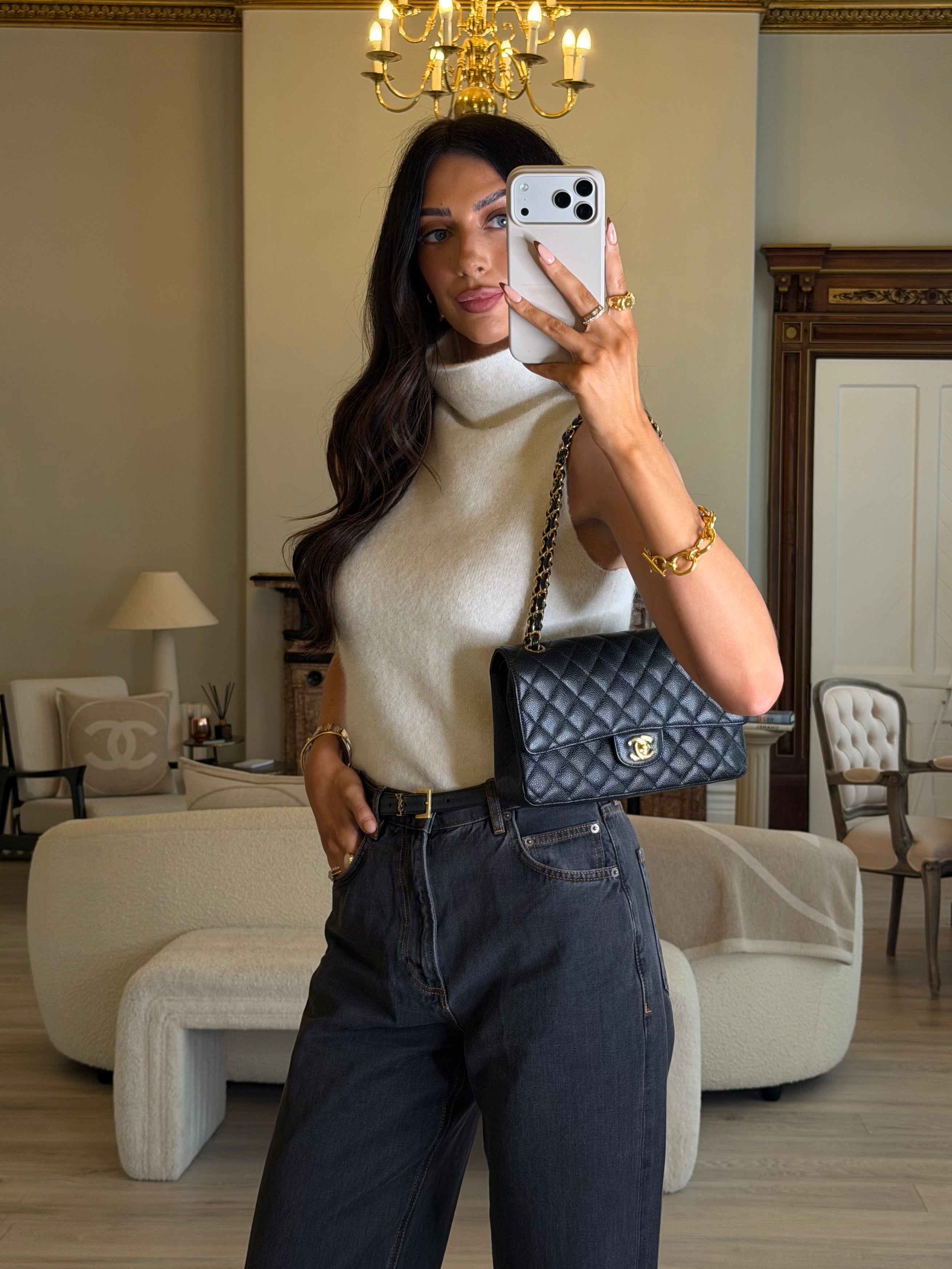 Chanel Medium Classic Double Flap Black Caviar With Gold Hardware, Authentic And Preloved In Excellent Condition