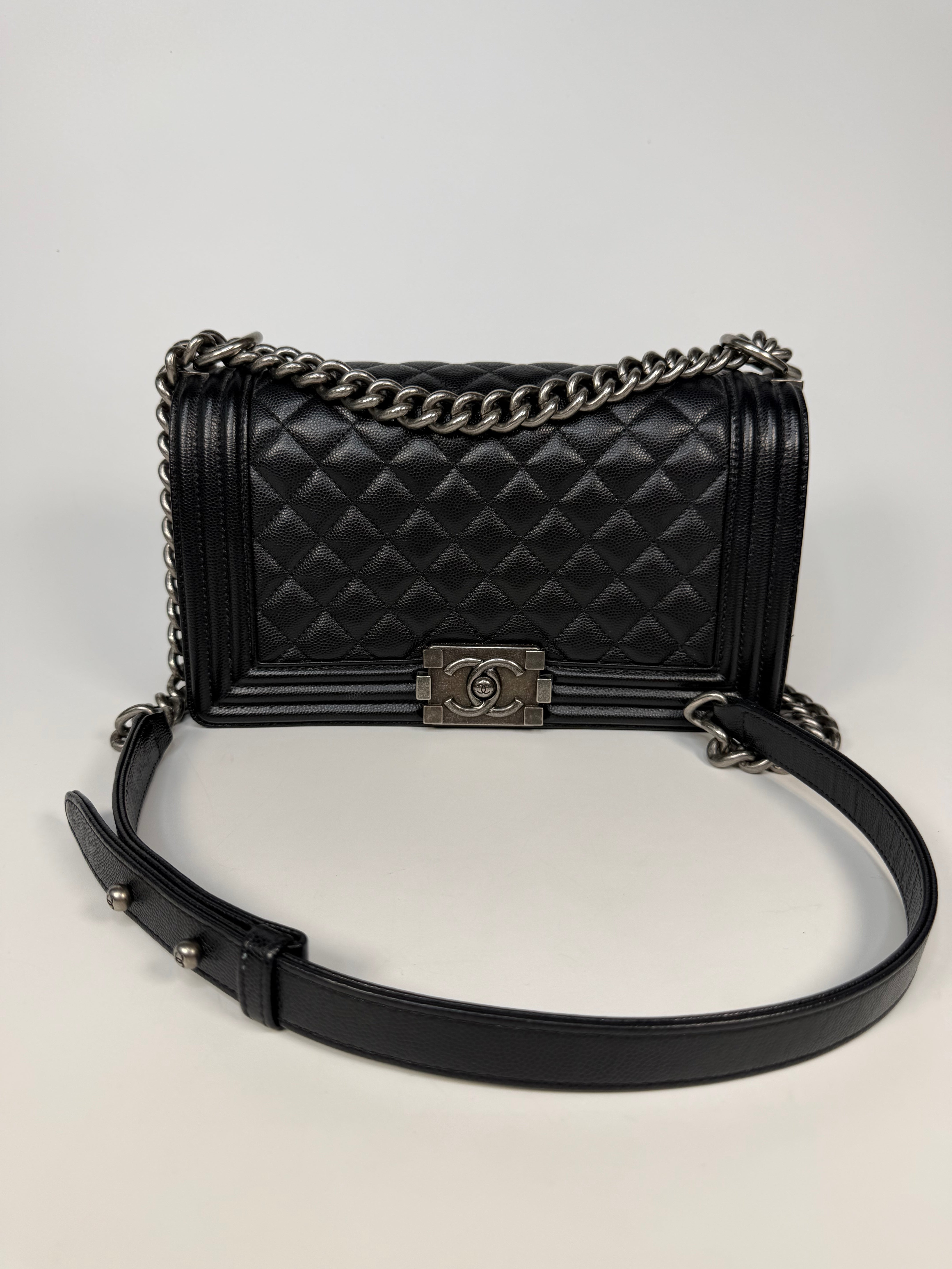 Chanel Medium Boy Bag In Black Caviar With Ruthenium Hardware