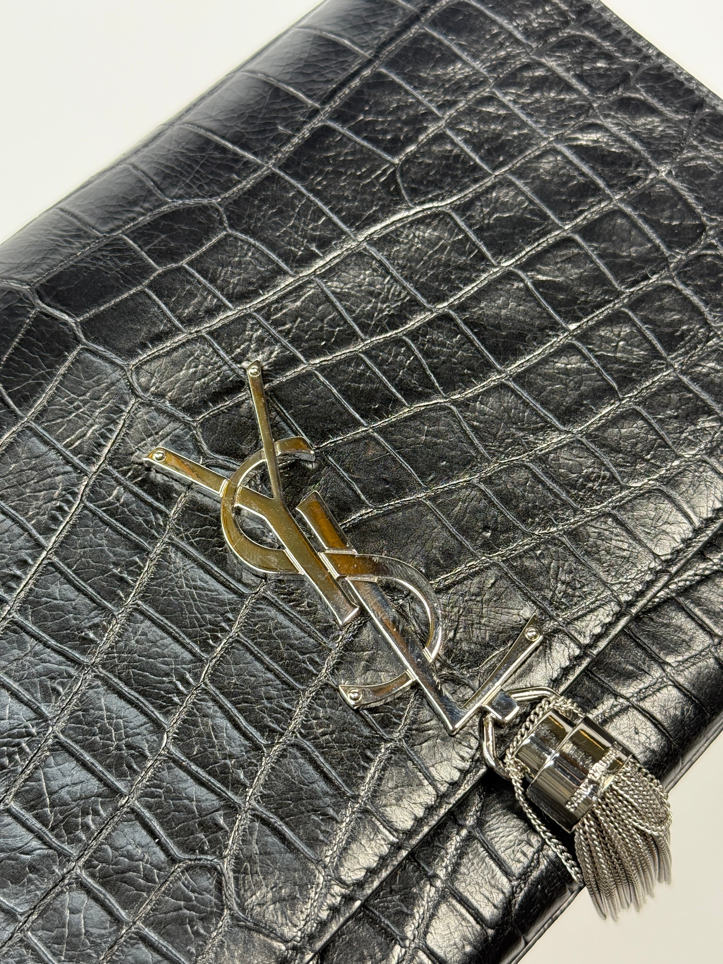 Saint Laurent Black Croc Embossed Kate Tassel Bag With Silver Hardware. Authentic and preloved in excellent condition.