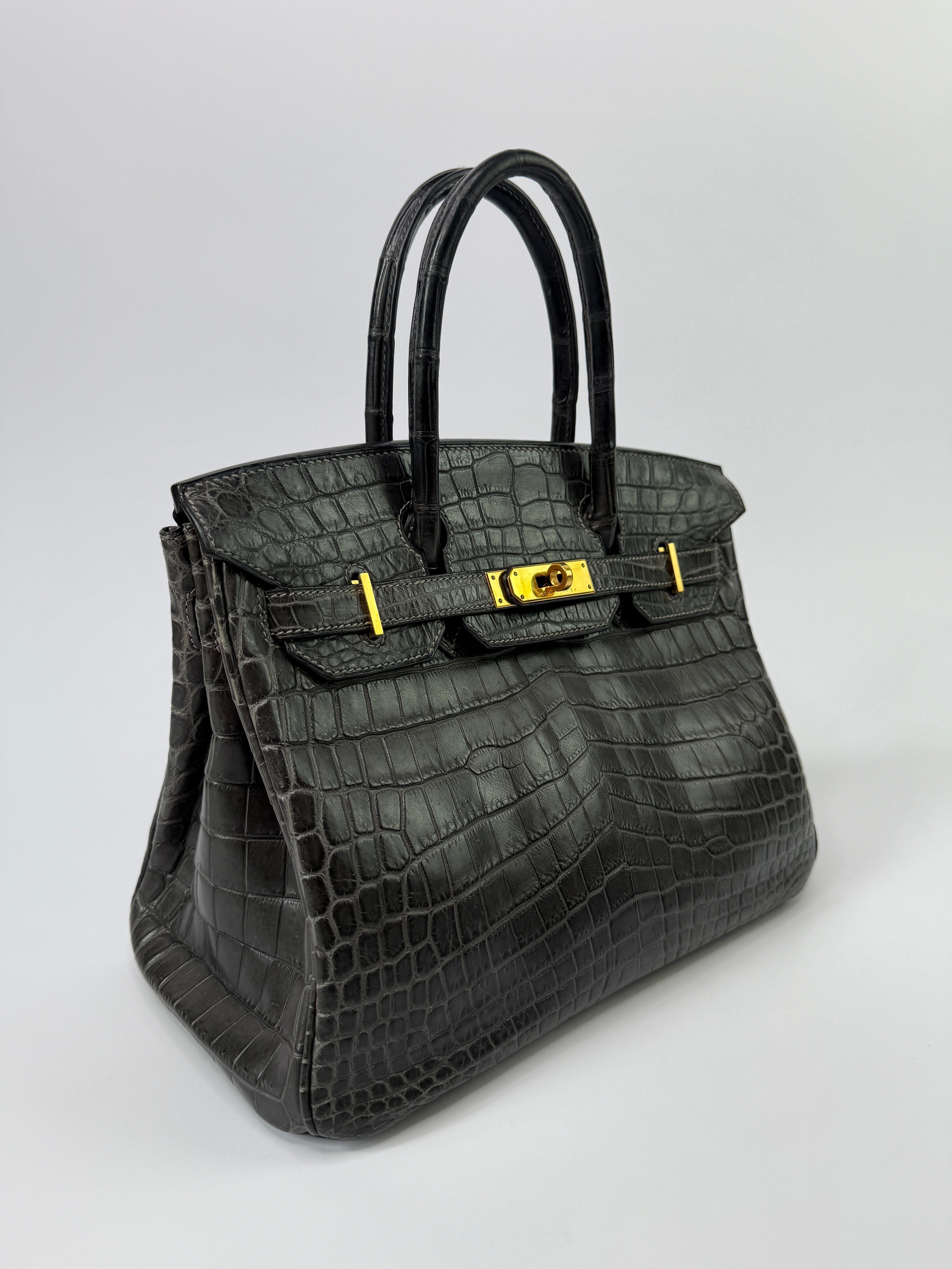 Authentic Pre Loved Hermès Birkin 30 In Matte Graphite Crocodile With Gold Hardware Excellent Condition