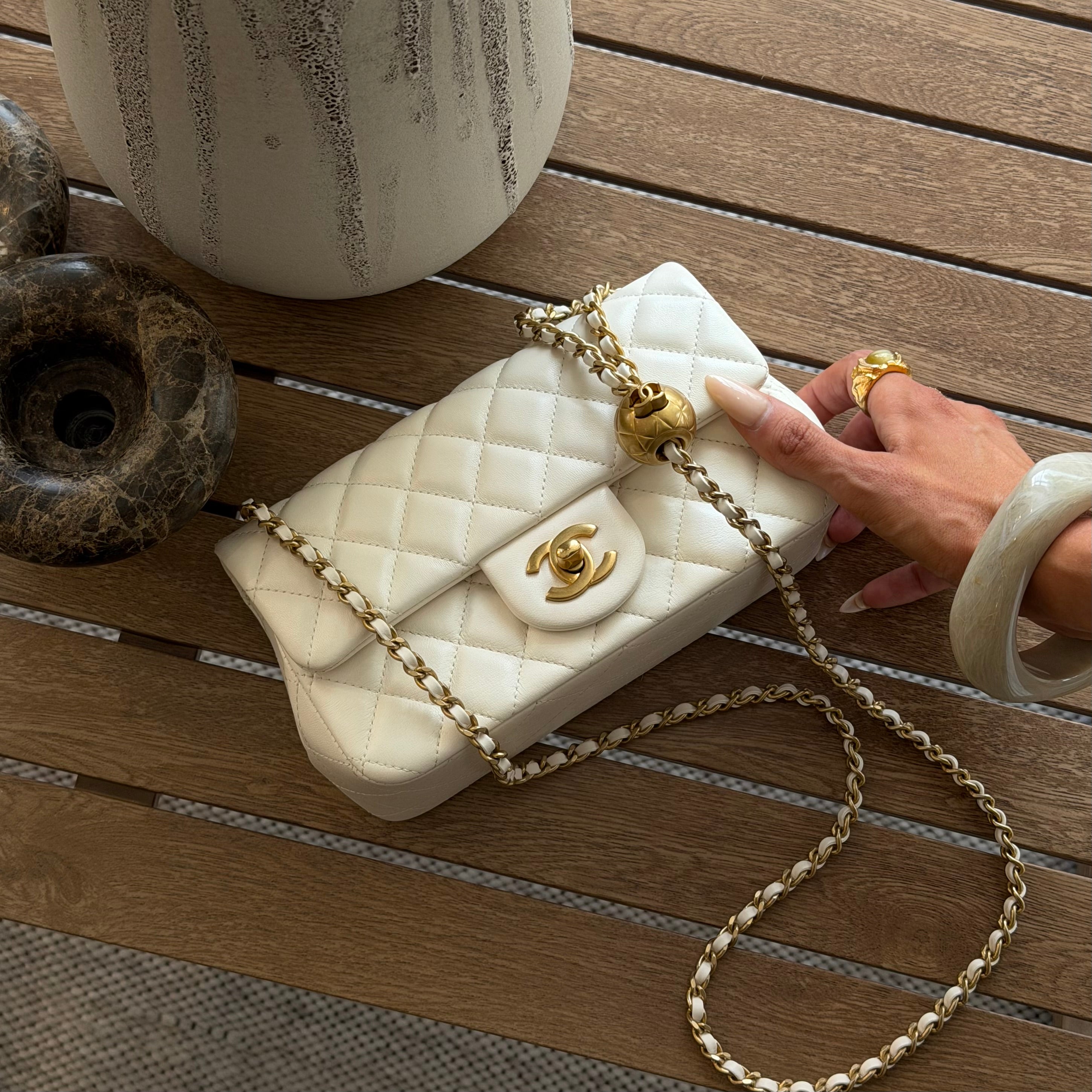 Chanel Pearl Crush Mini Rectangle In White Lambskin Leather Gold Hardware