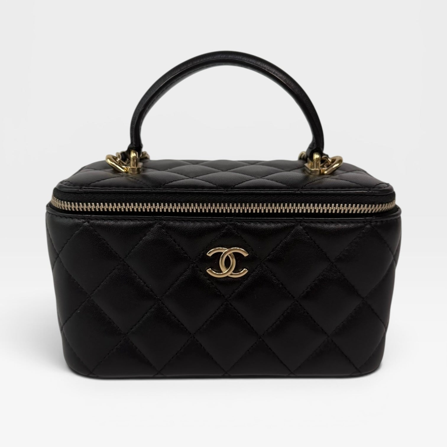 Chanel Vanity Top Handle In Black Lambskin With Pale Gold Hardware