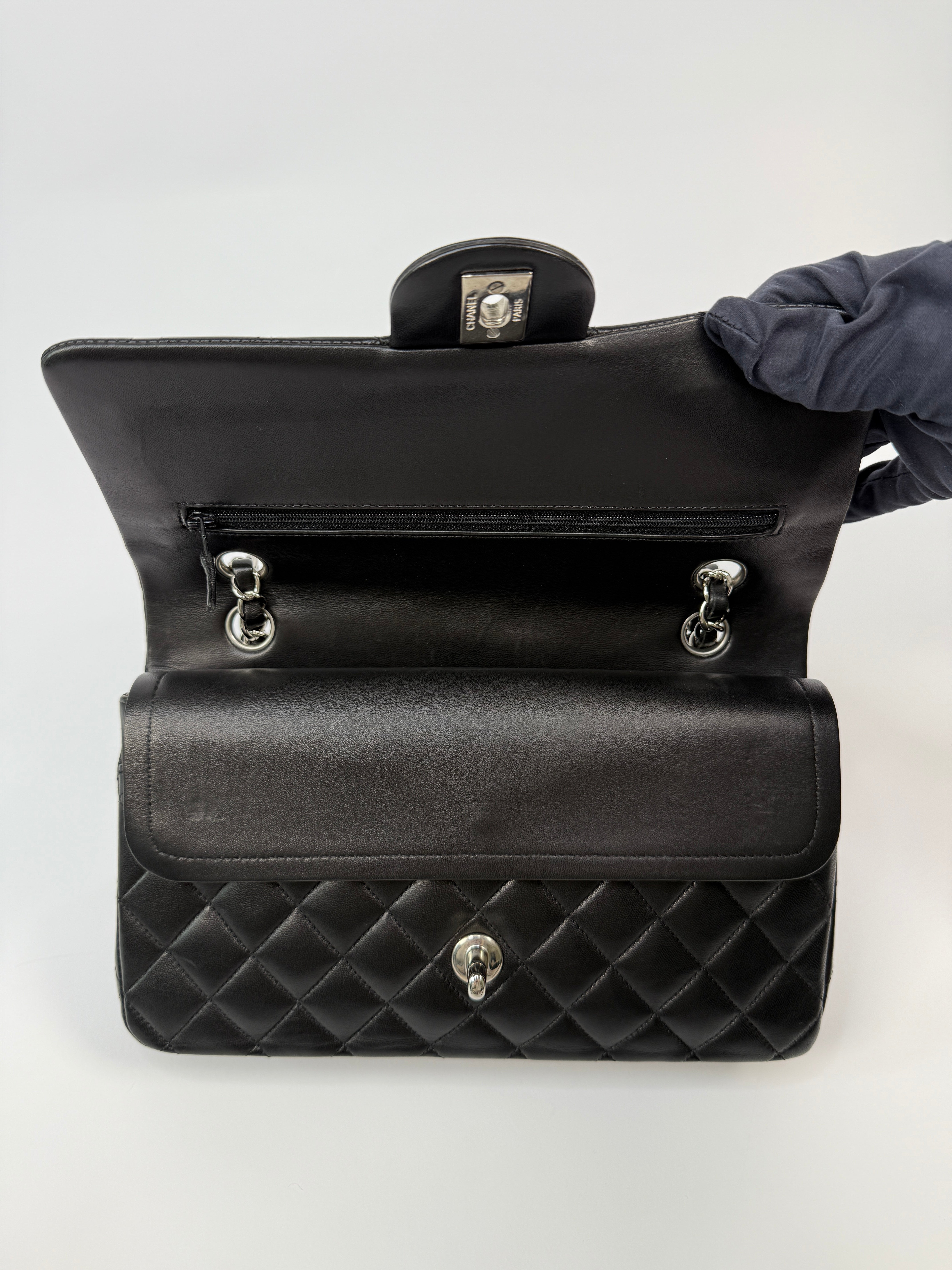 Chanel Medium Classic Double Flap Black Lambskin Leather With Silver Hardware
Pre Loved & Authentic