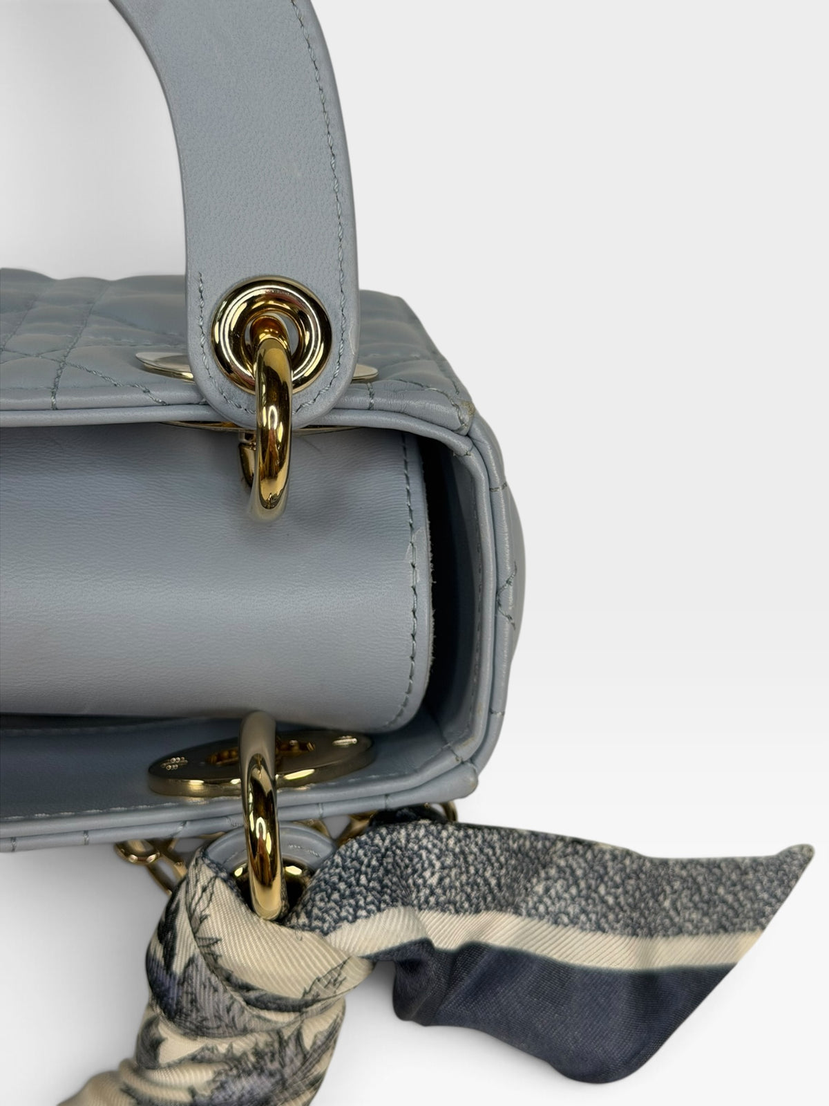 Christian Dior Mini Lady Dior In Pale Blue Cannage Leather With Pale Gold Hardware. 100% Authentic and Preloved in excellent condition. 100% Guarantee