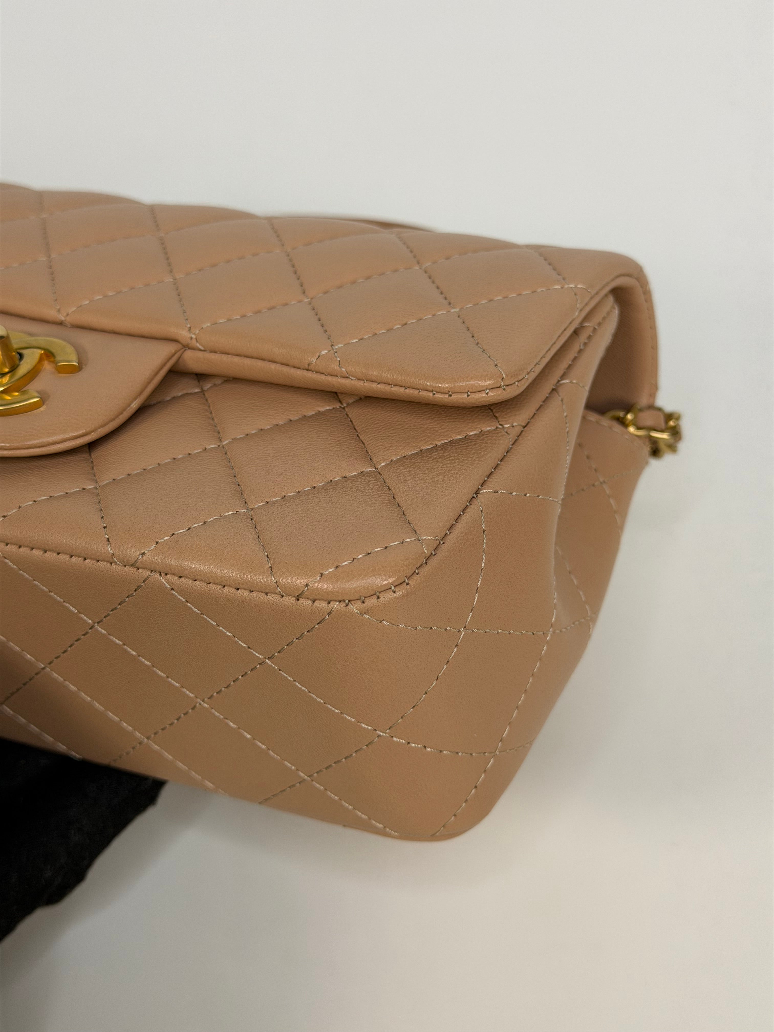 Chanel Mini Rectangle Top Handle In Beige Lambskin Leather Gold Hardware