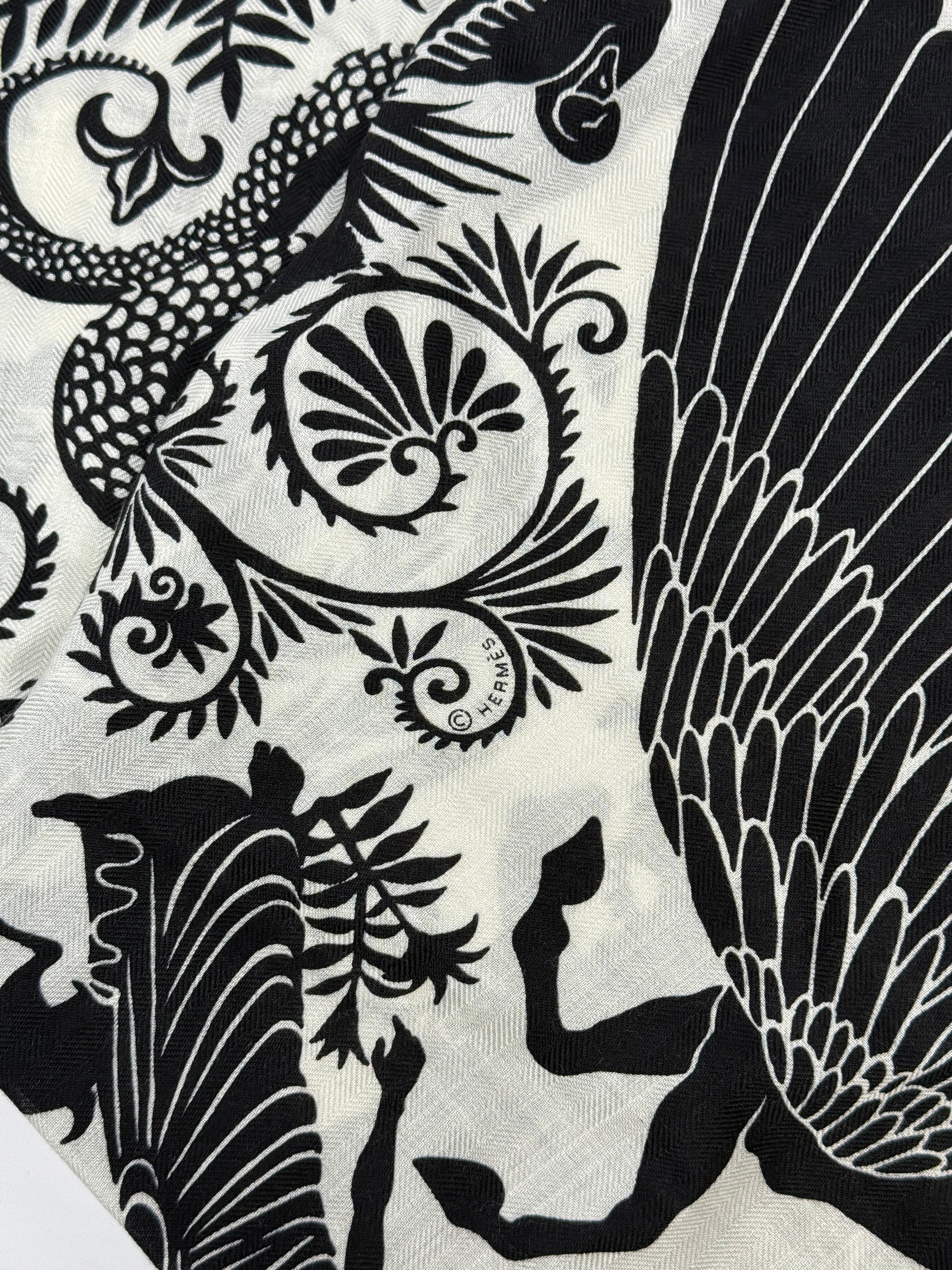 Hermès Sous le Charme d'Orphee Shawl 140 Black and White, Authentic and pre loved in new condition.
