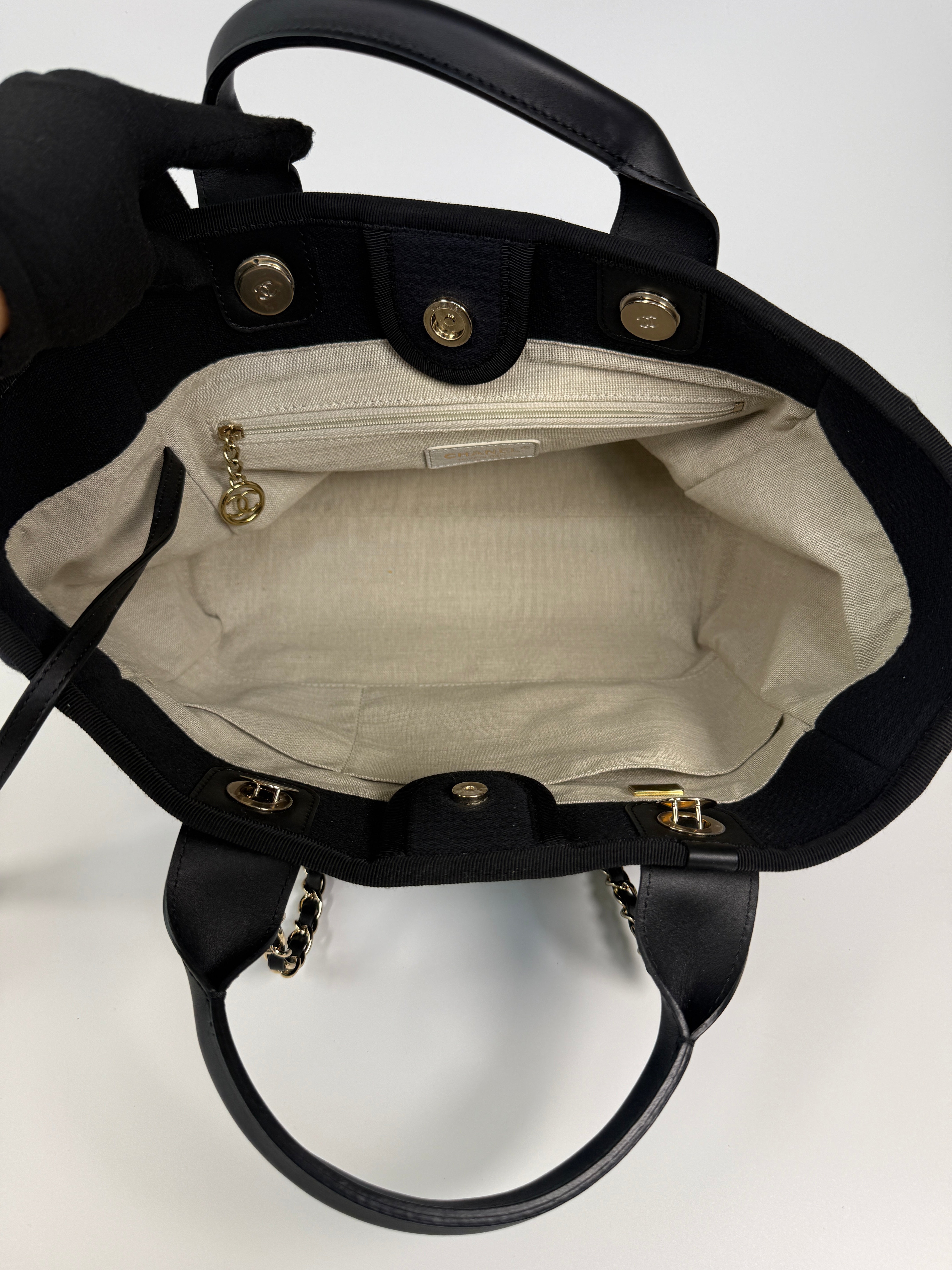Chanel Small Deauville Tote Bag In Black With Pale Gold Hardware