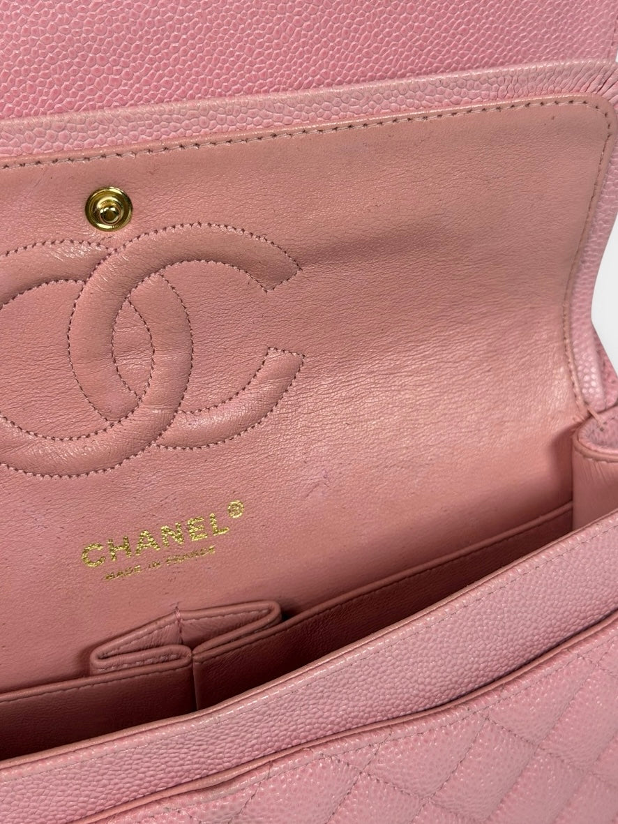 Chanel Vintage Medium Classic Double Flap In Pink Caviar Leather With 24Kt Gold Hardware 100% authentic and preloved in excellent condition