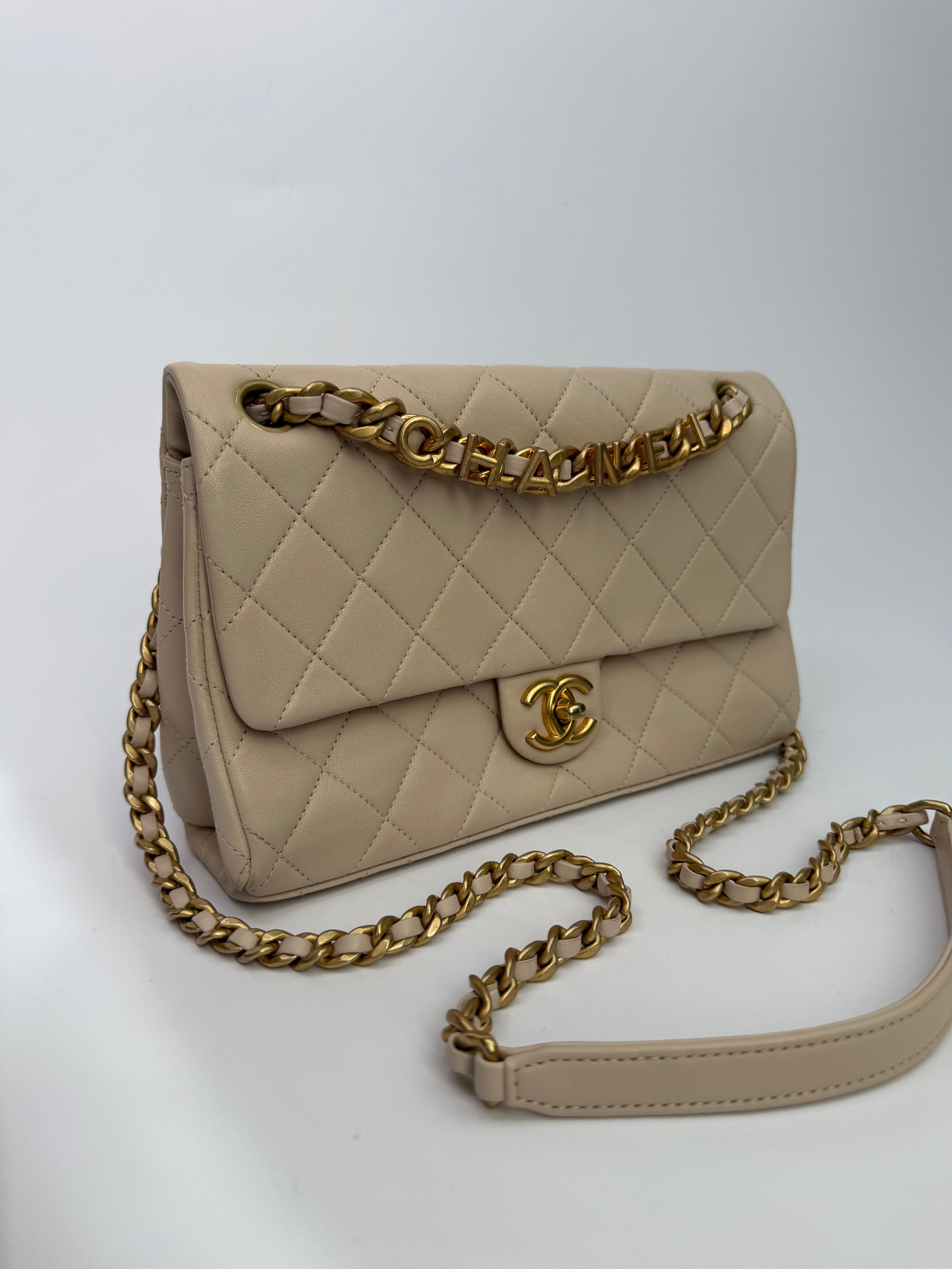 Chanel Medium Quilted Lambskin Logo Letters Touch Chain Flap Bag