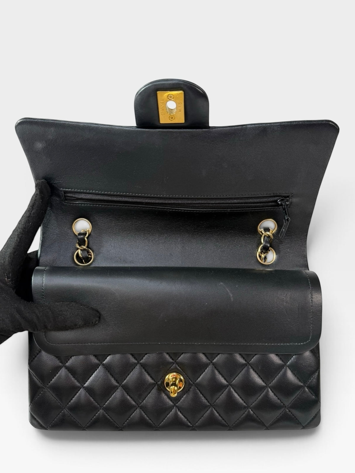 Chanel Medium Classic Double Flap In Black Lambskin Leather Gold Hardware. 100% authentic and preloved in excellent condition