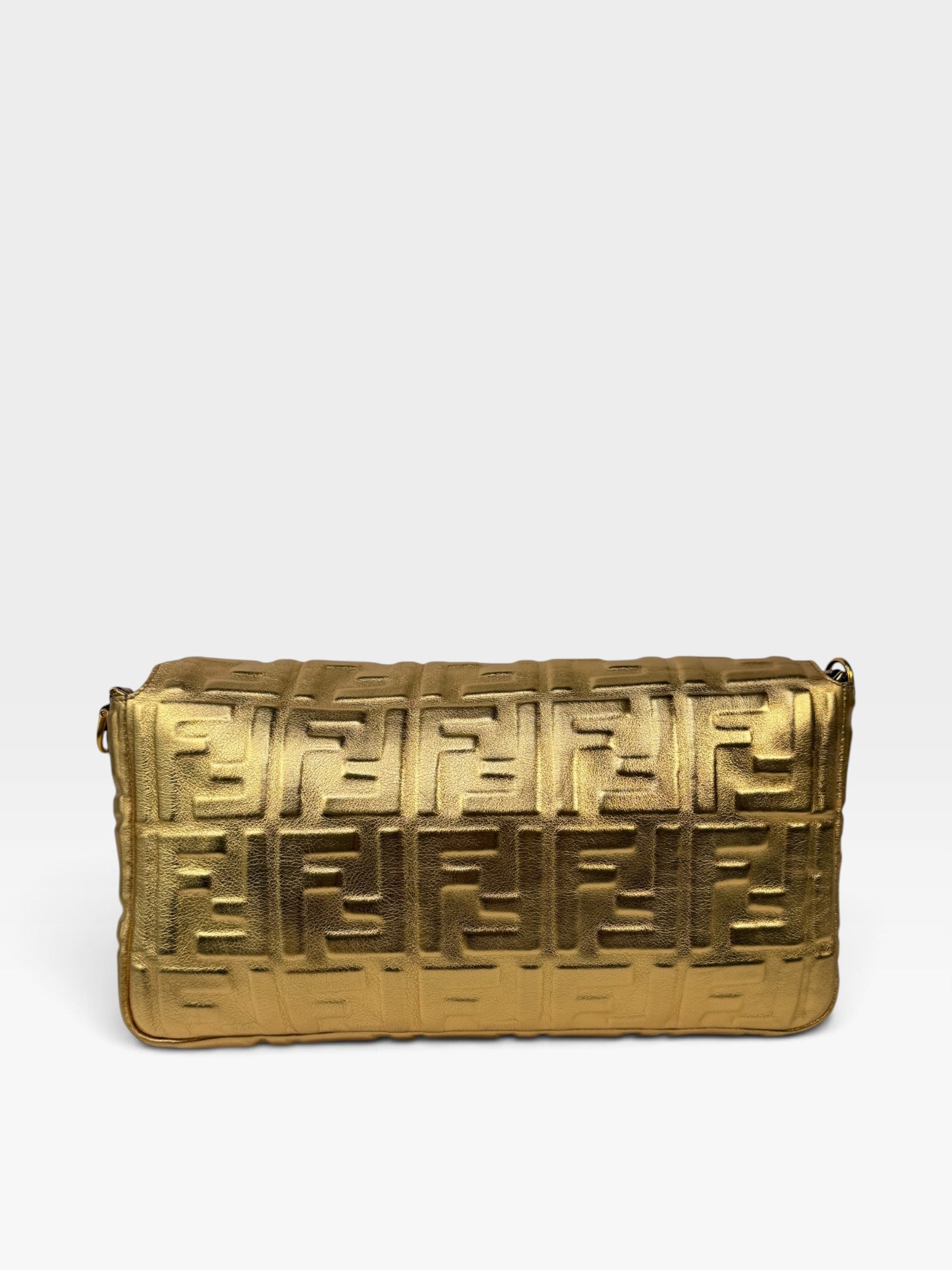 Fendi Large Baguette In Gold Leather Monogram With Gold Hardware. 100% authentic and preloved in excellent condition