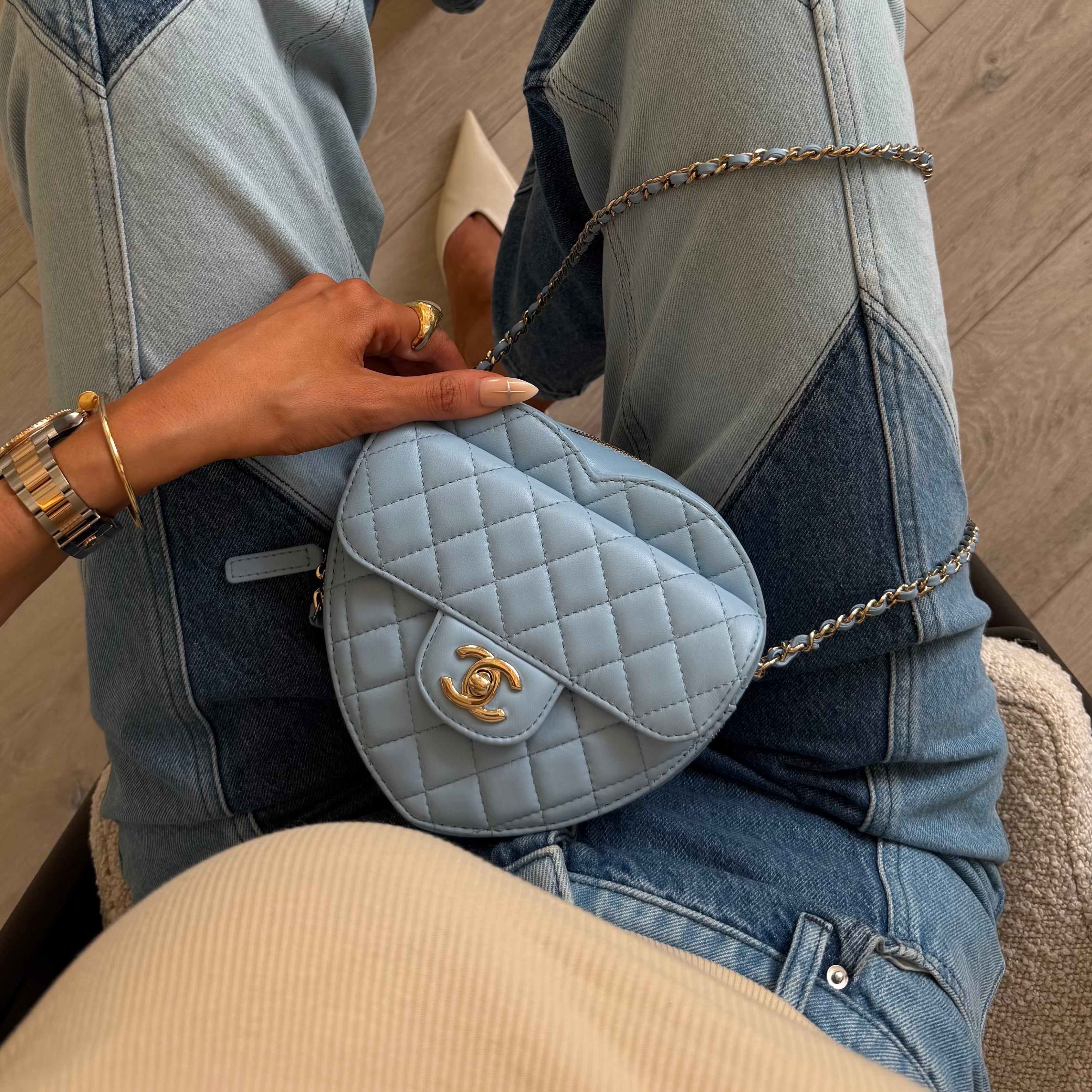 *Rare* Chanel Heart Bag Large In Blue Lambskin Leather With Pale Gold Hardware