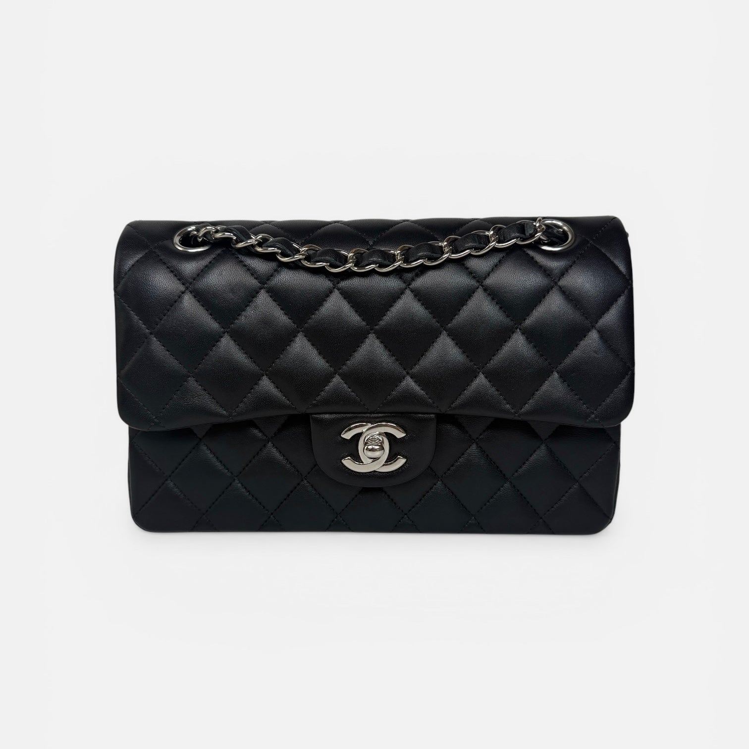 Chanel Small Classic Double Flap In Black Lambskin Leather With Silver Hardware
