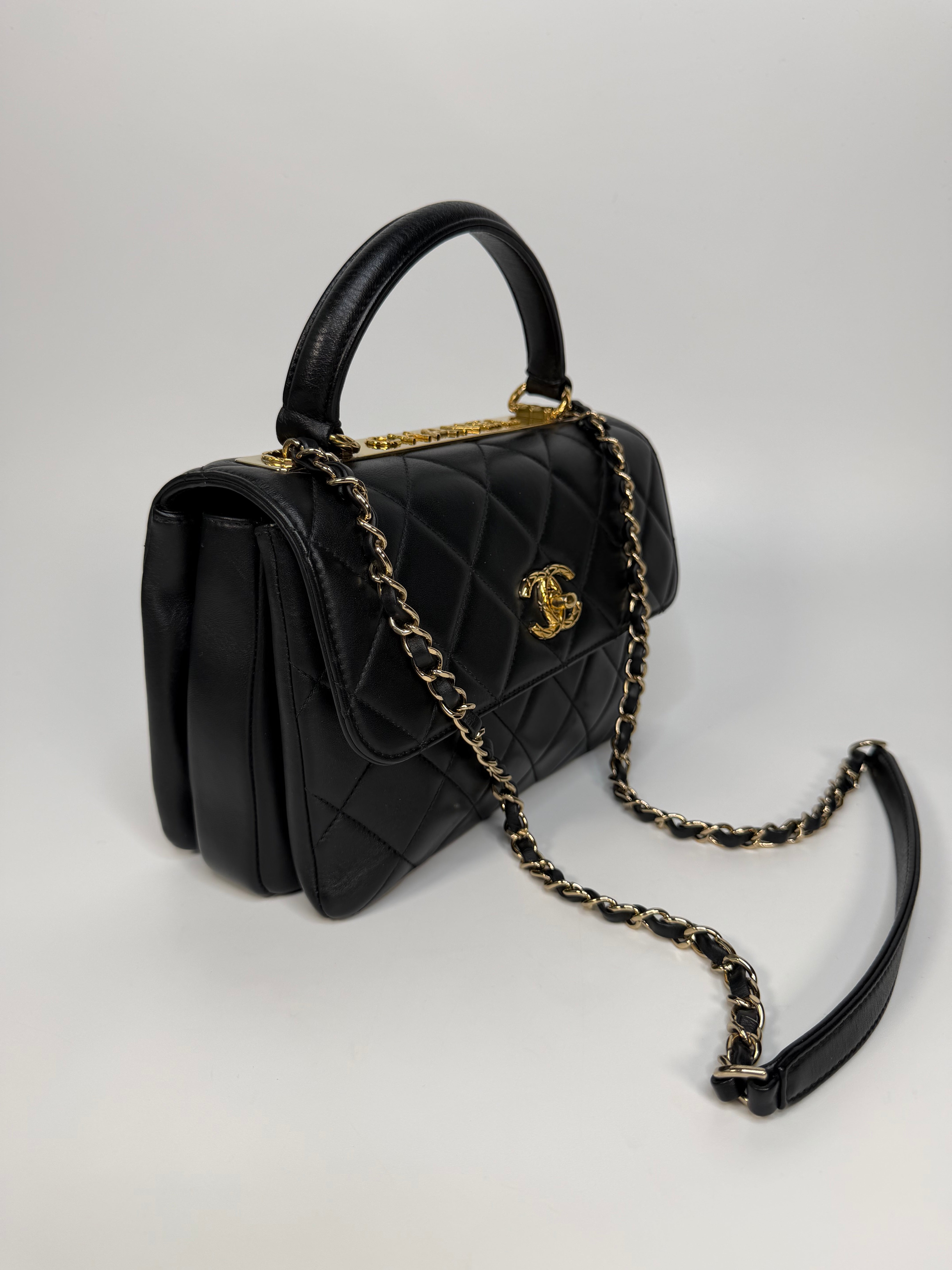 Chanel Small Trendy Top Handle In Lambskin Leather With Gold Hardware. Authentic and preloved in excellent condition.
