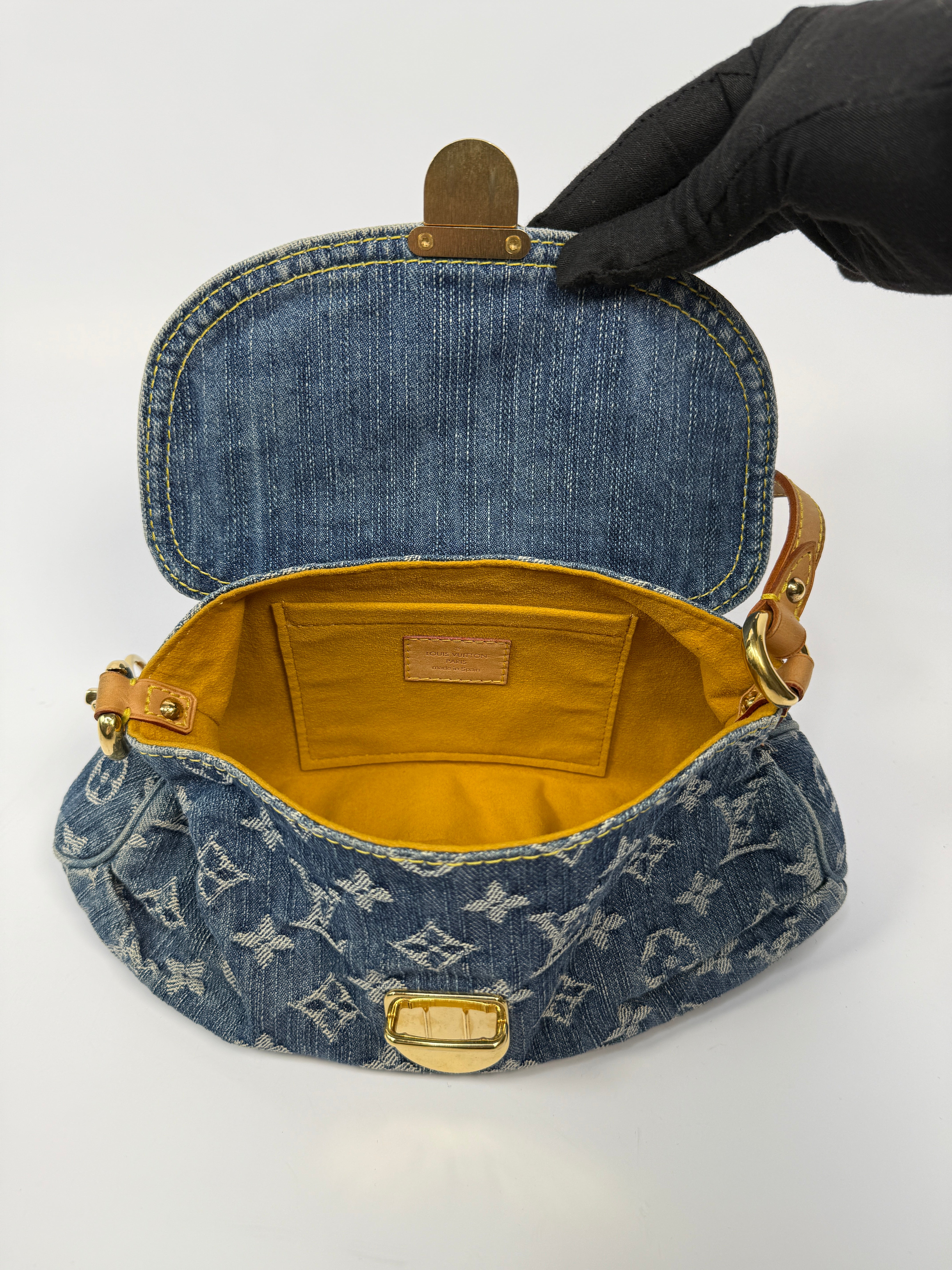Louis Vuitton Mini Pleaty Bag In Denim Monogram With Gold Hardware, Authentic And Preloved In Excellent Condition