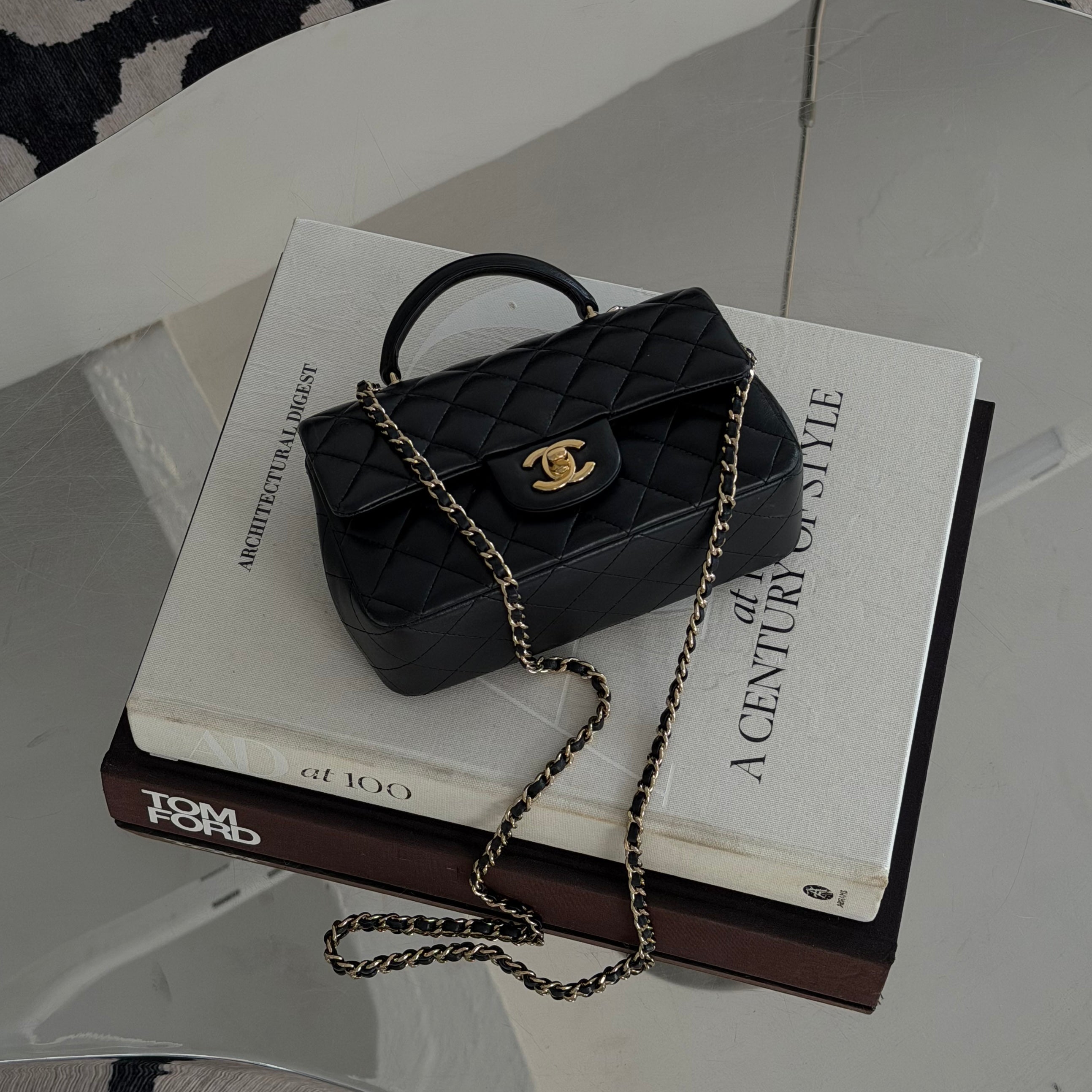 Chanel Mini Rectangle Top Handle In Black Lambskin Leather With Pale Gold Hardware