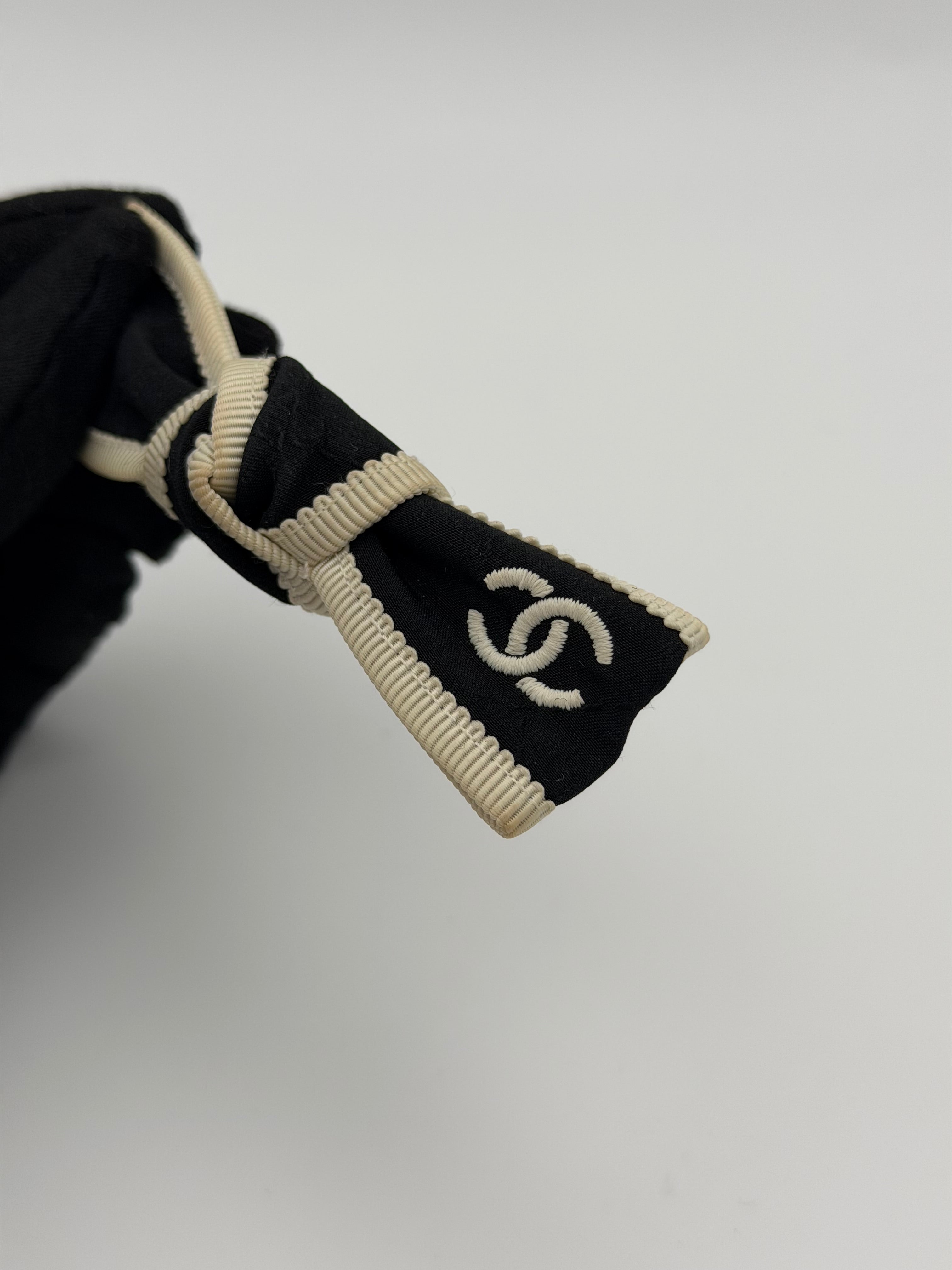 Chanel CC Logo Ribbon Bow Barrette In Black & Ivory Fabric With Silver Hardware