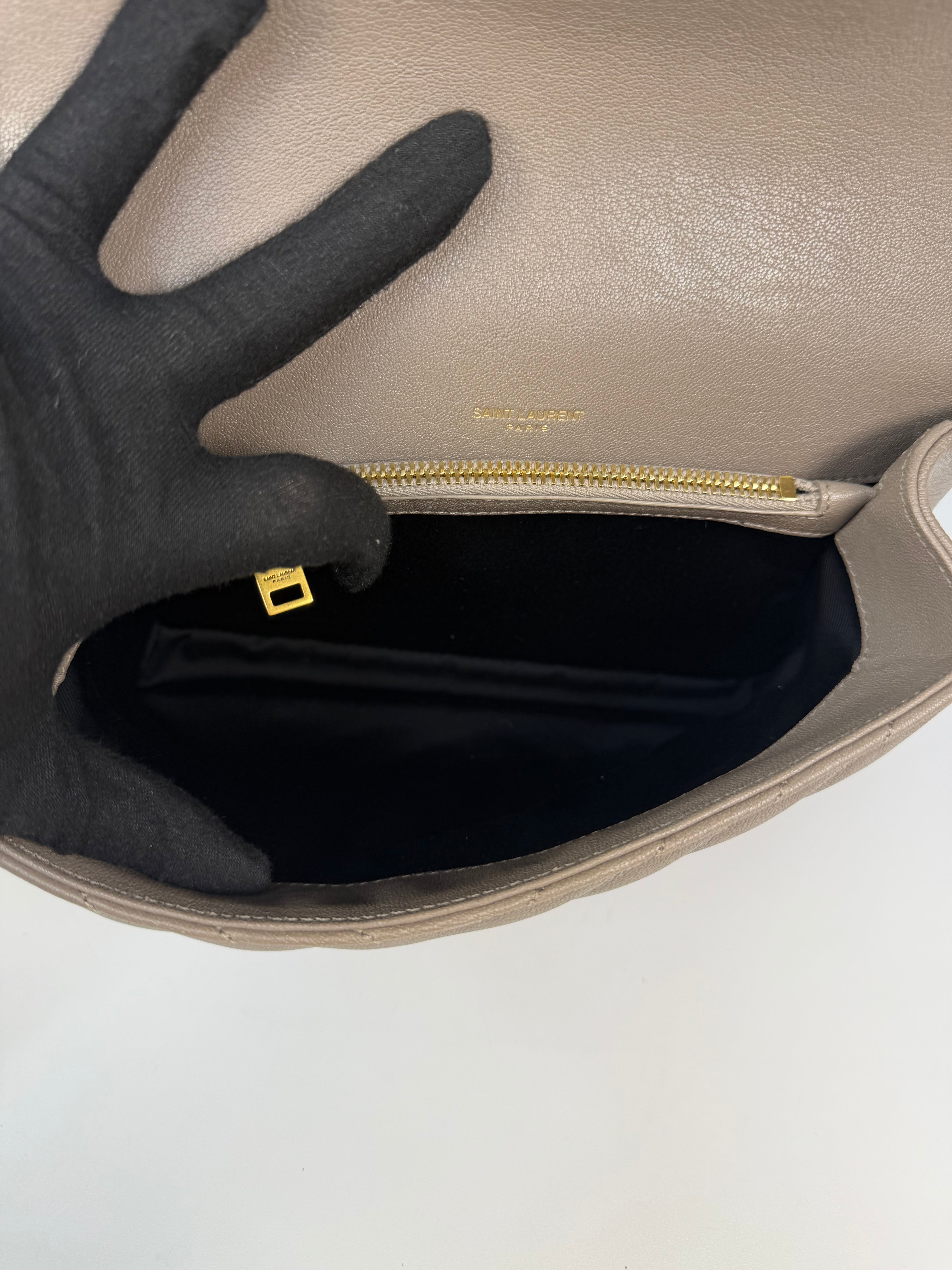 Saint Laurent Medium College Bag In Taupe Leather Gold Hardware. Authentic and preloved in new unused condition. Insured next day delivery. Verified by luxe cheshire