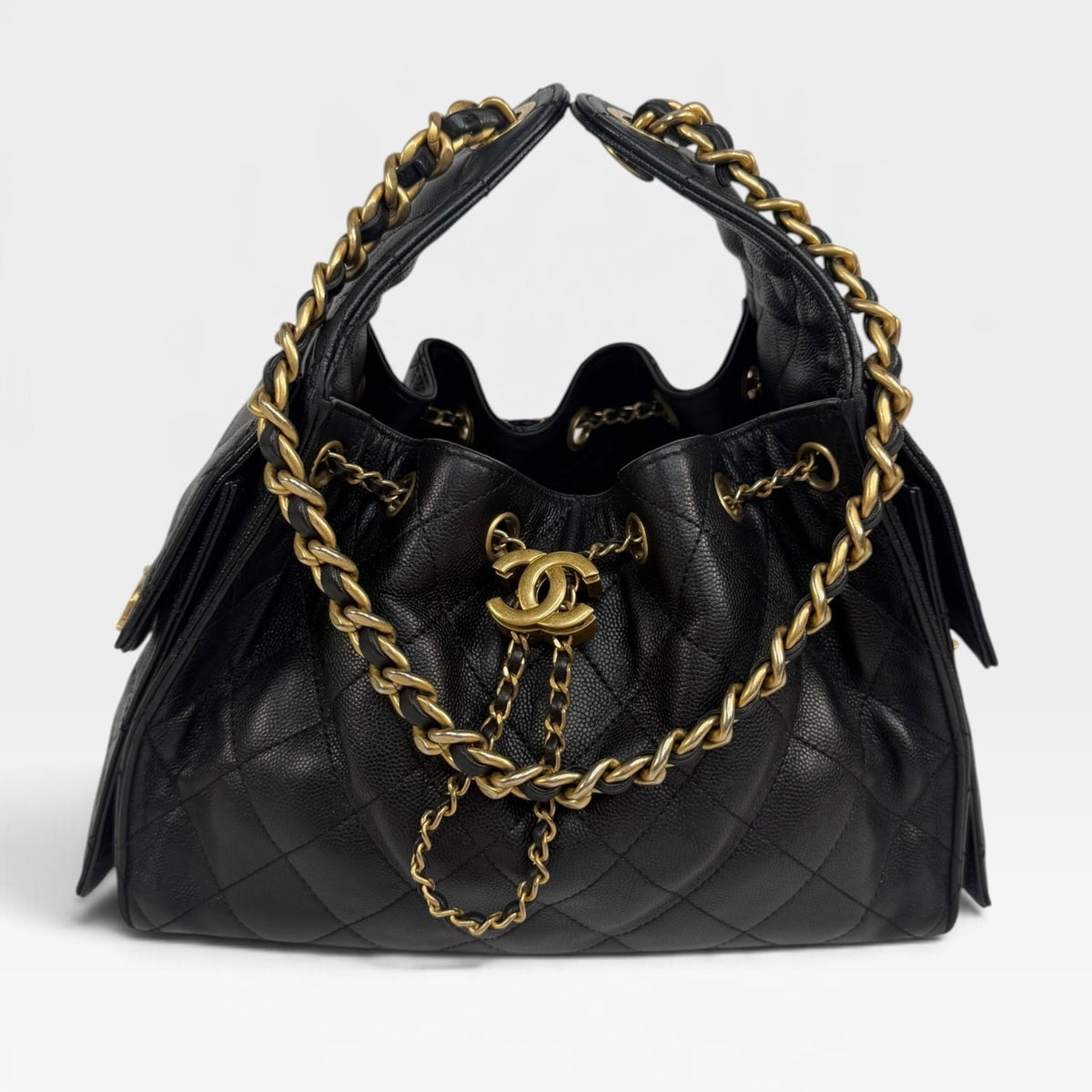 Chanel 25 Small In Black Caviar Leather With Aged Gold Hardware. 100% authentic and preloved in excellent condition
