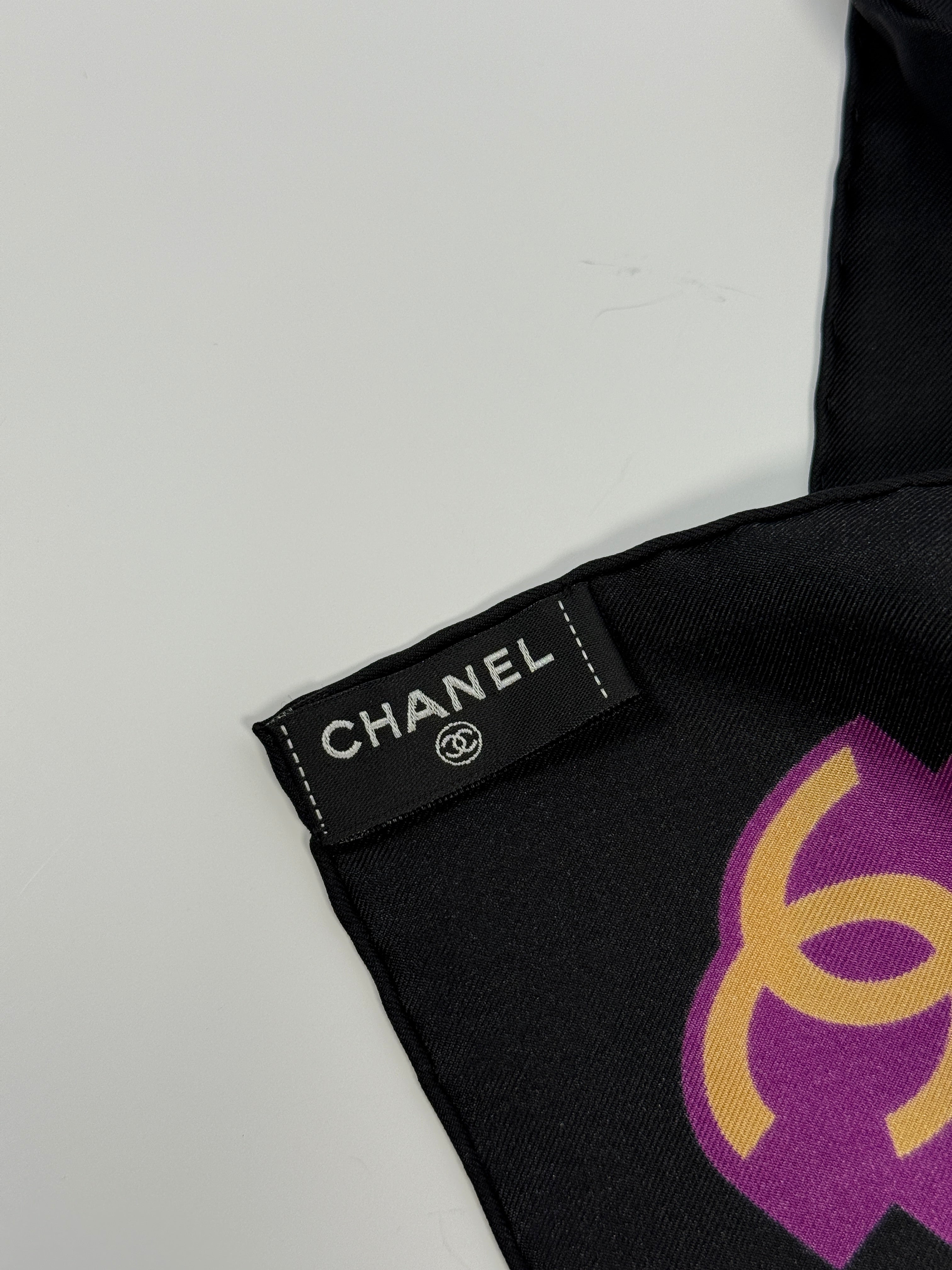 Chanel Silk Coco Scarf In Navy And Fuchsia Polka Dot, Authentic And Preloved In Excellent Condition