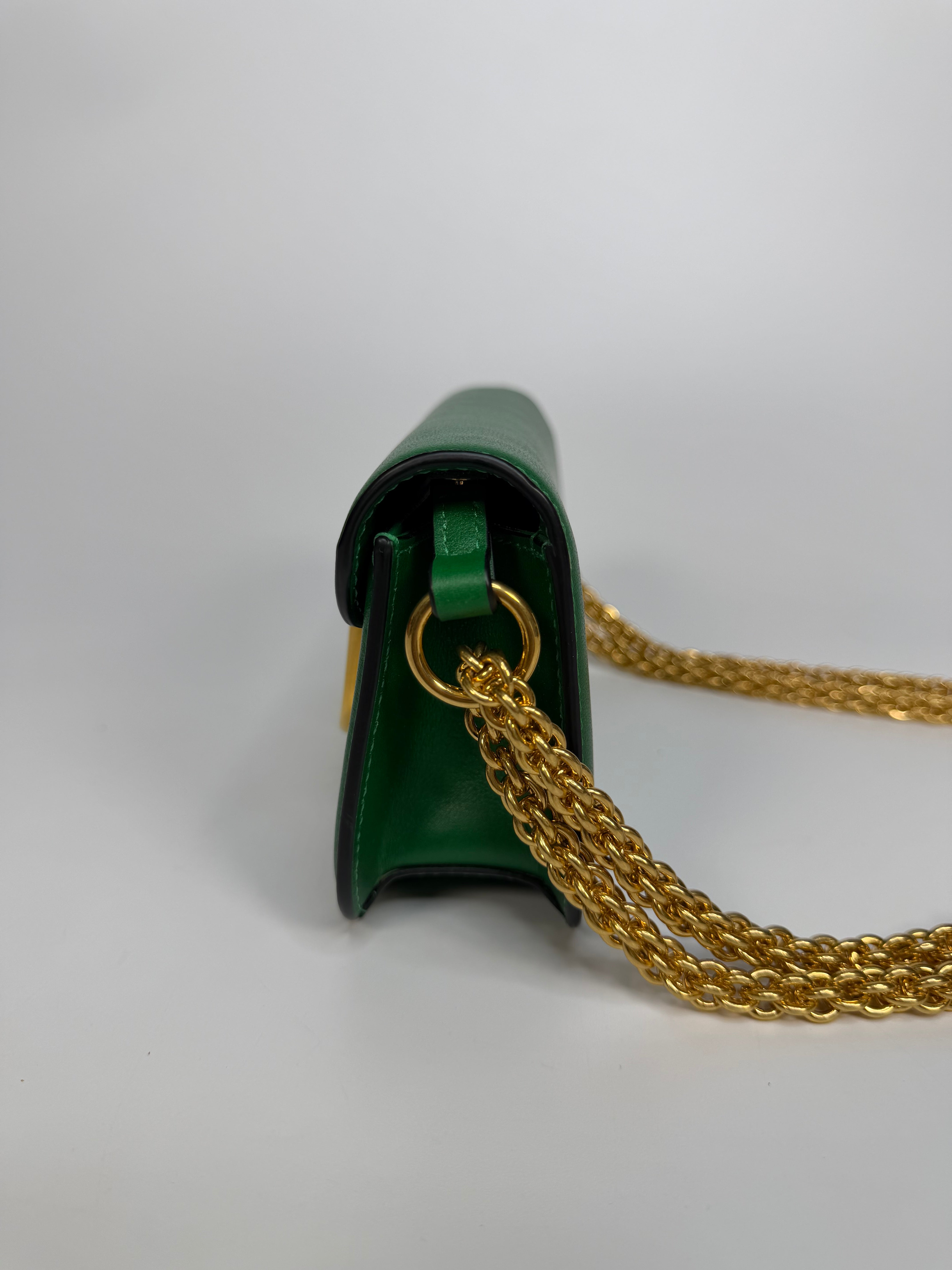 Valentino Garavani Locò Small Shoulder Bag In Green Leather With Gold Hardware. Authentic and preloved in excellent condition