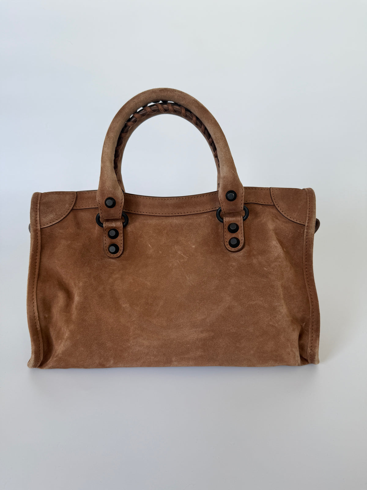 Balenciaga Le City Small Bag In Camel Suede Verified by Luxe Cheshire. Trusted designer resale.