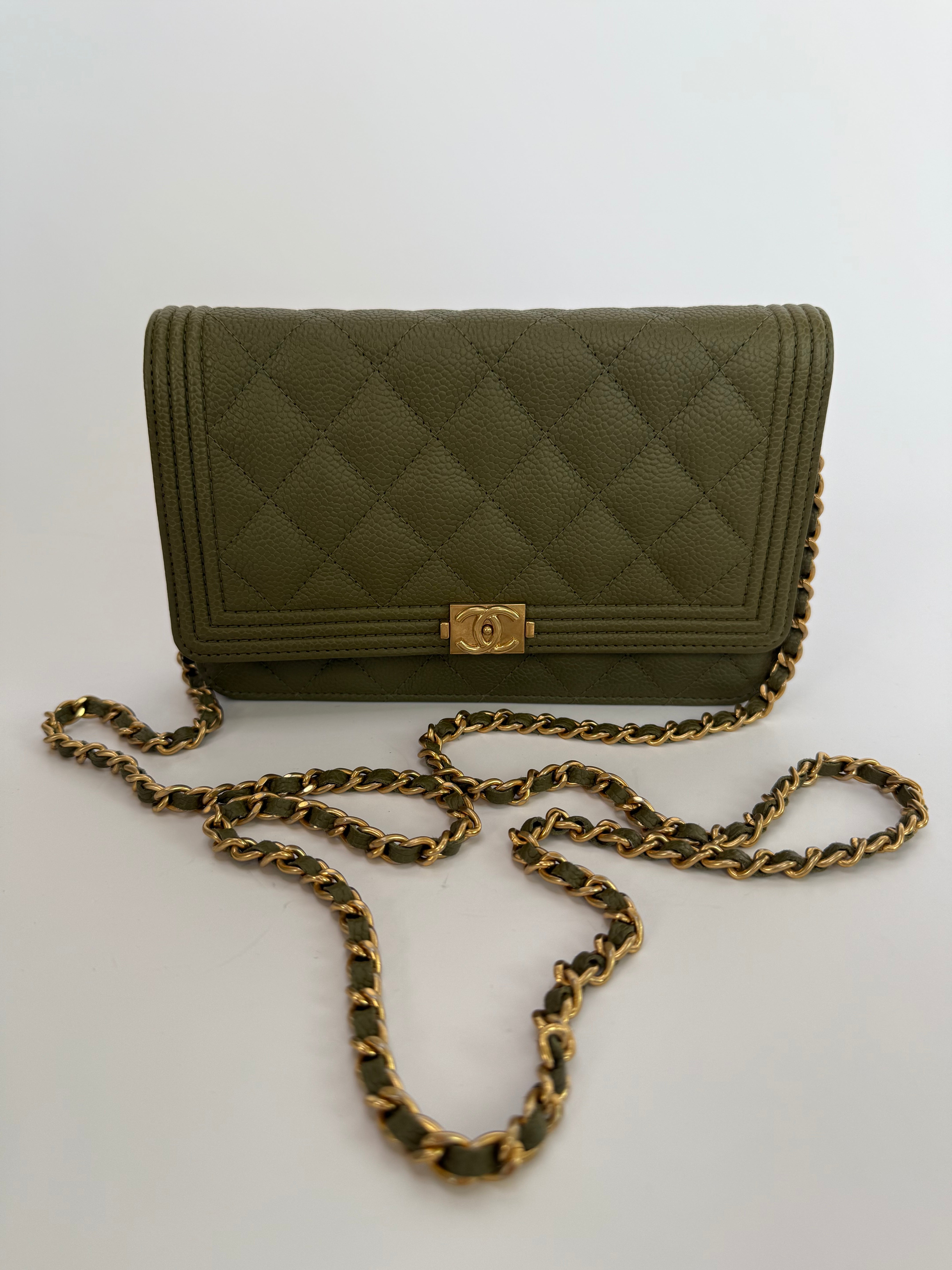 Chanel Boy Wallet On Chain In Khaki Caviar Leather With GHW