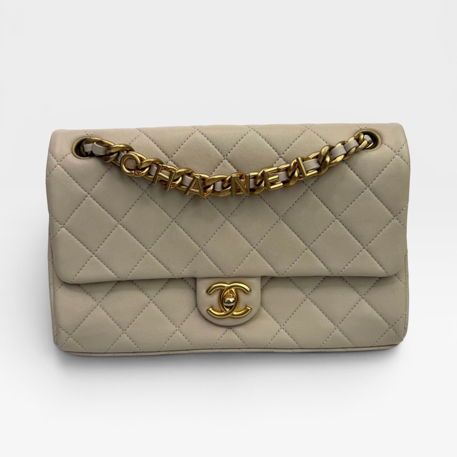 Chanel Medium Quilted Lambskin Logo Letters Touch Chain Flap Bag
