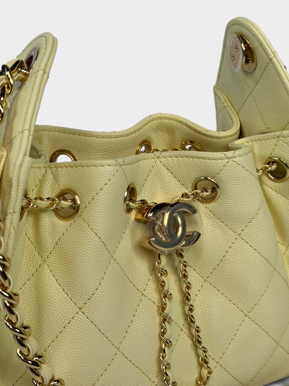 Chanel 25 Micro In Yellow Caviar Leather with Gold Hardware. 100% authentic and preloved in new and unused condition