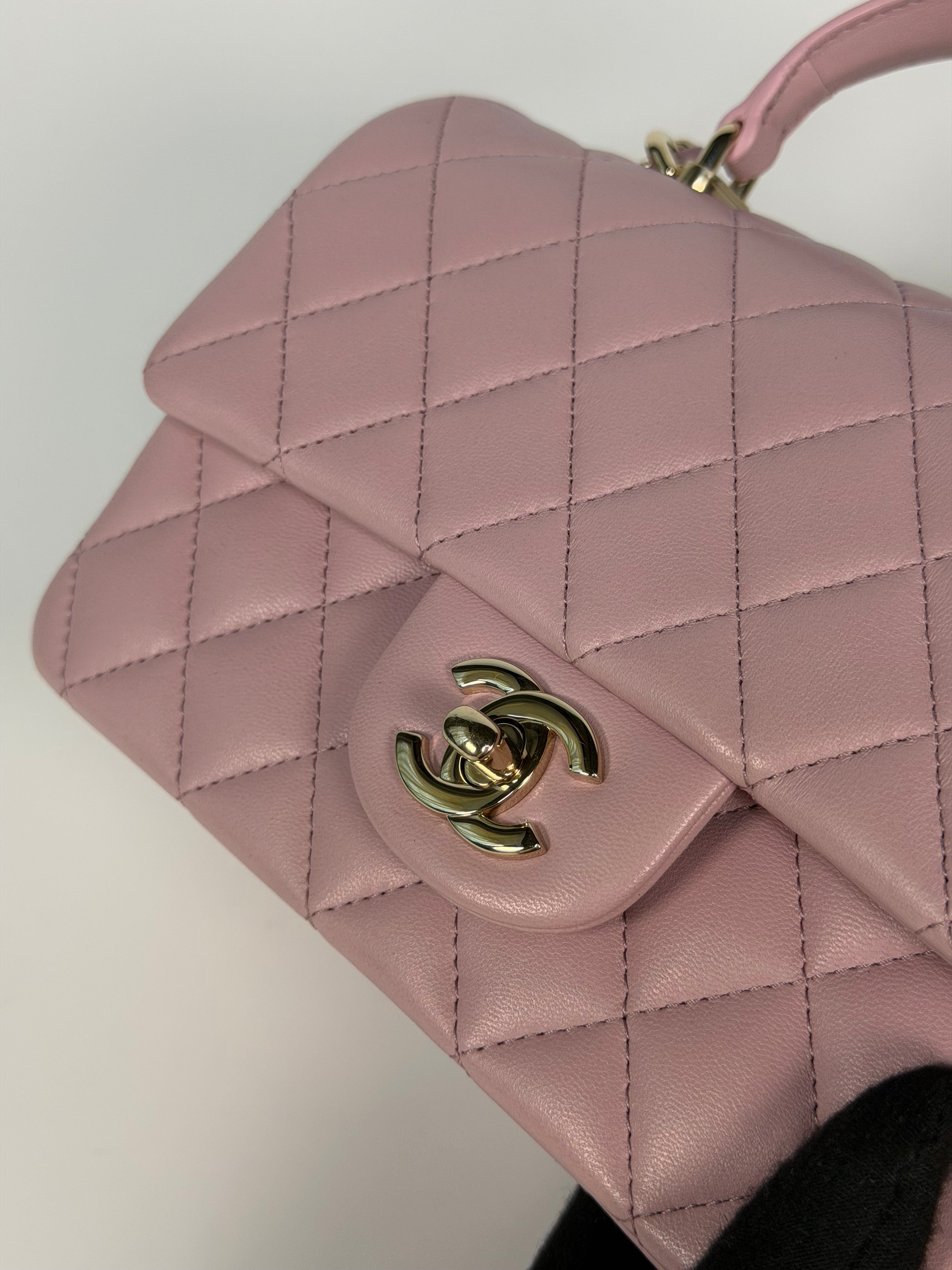 Chanel Mini Rectangle Top Handle In Pink Lambskin Leather With Pale Gold Hardware. 100% authentic and preloved in excellent condition