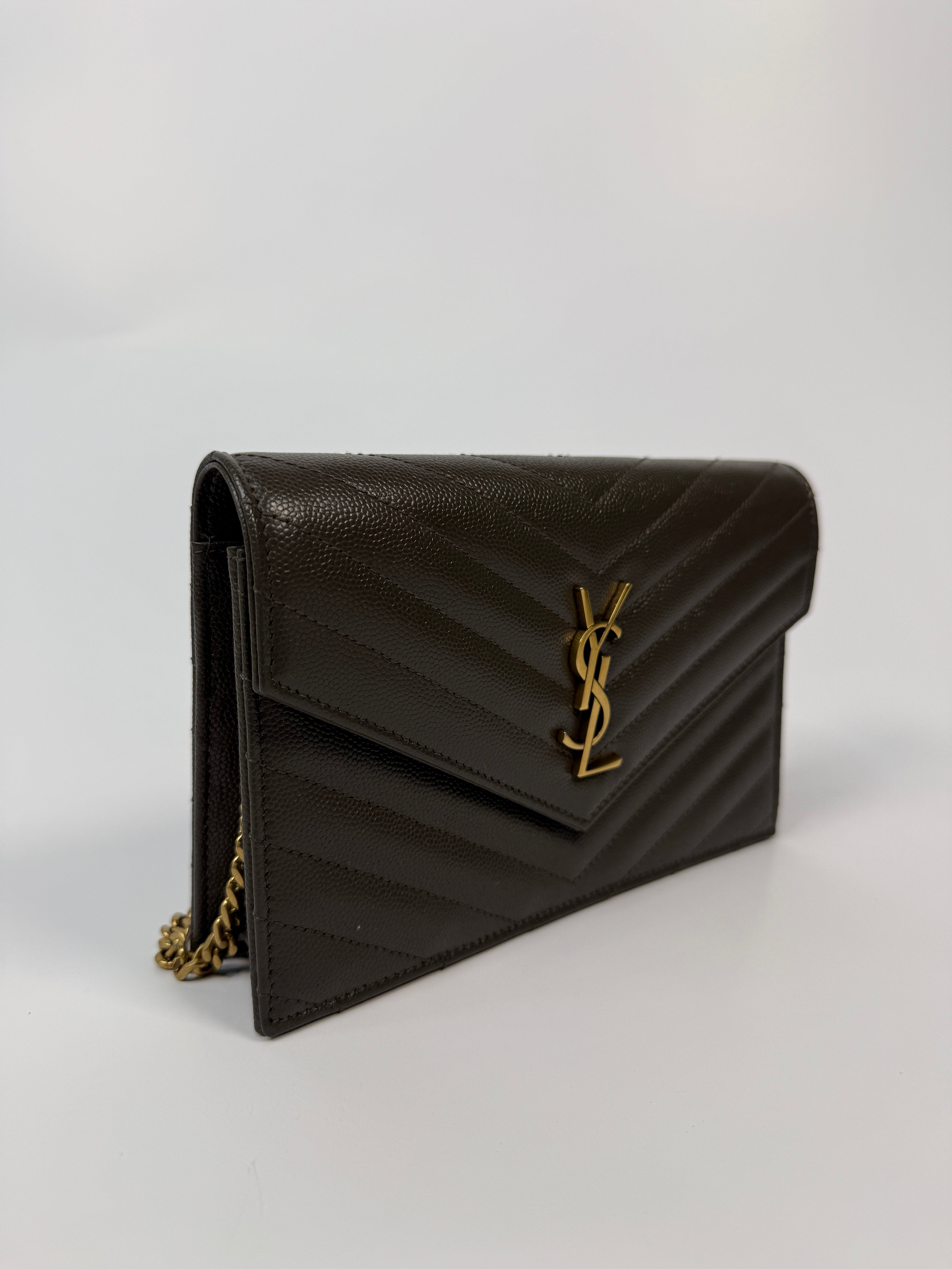 Saint Laurent Cassandre Matelassé Textured- Leather Wallet On Chain In Khaki With Gold Hardware. Authentic and preloved. Excellent condition. 100% Authenticity guarantee