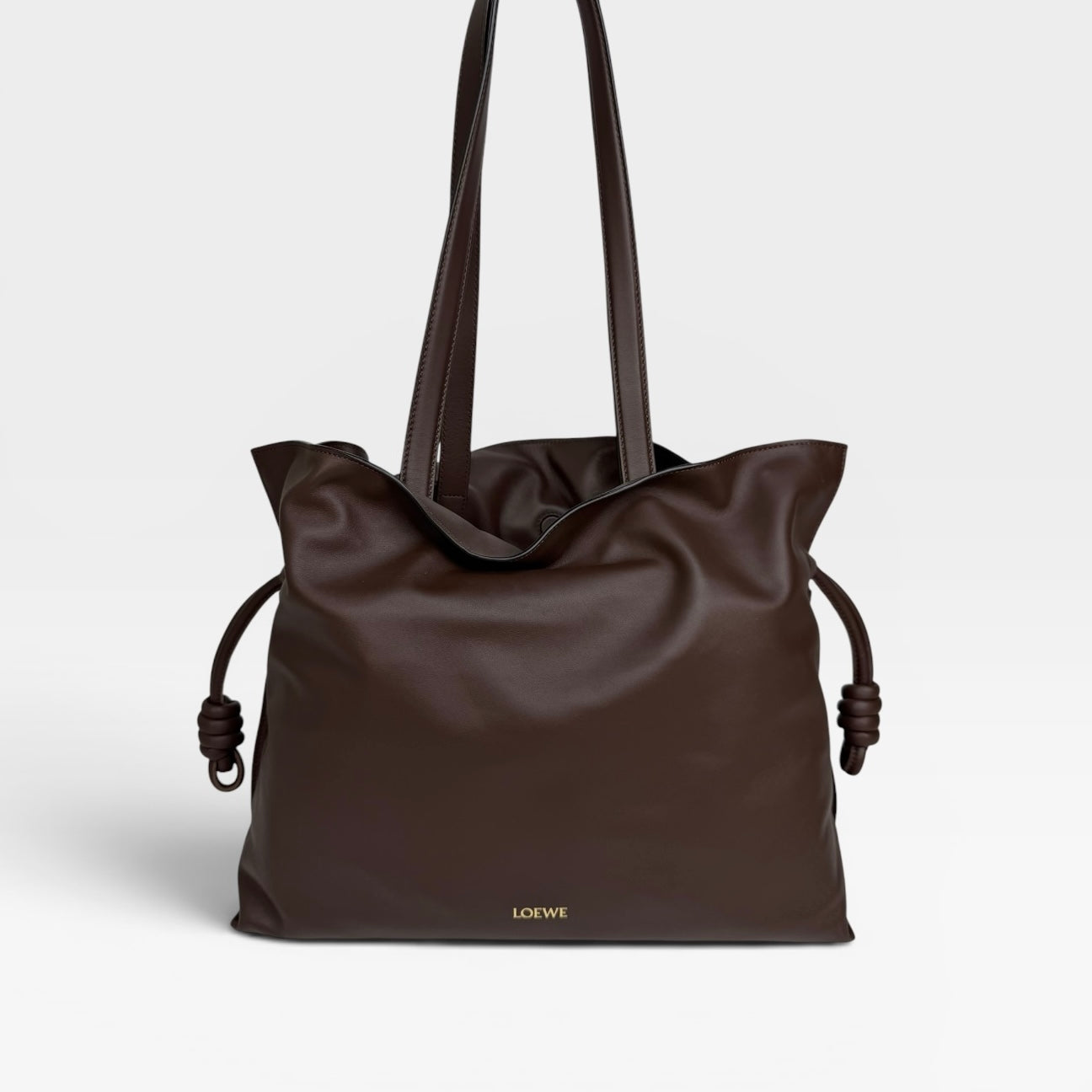 Loewe Large Flamenco Tote Bag In Chocolate Nappa With Gold Hardware. Authentic and preloved in excellent condition