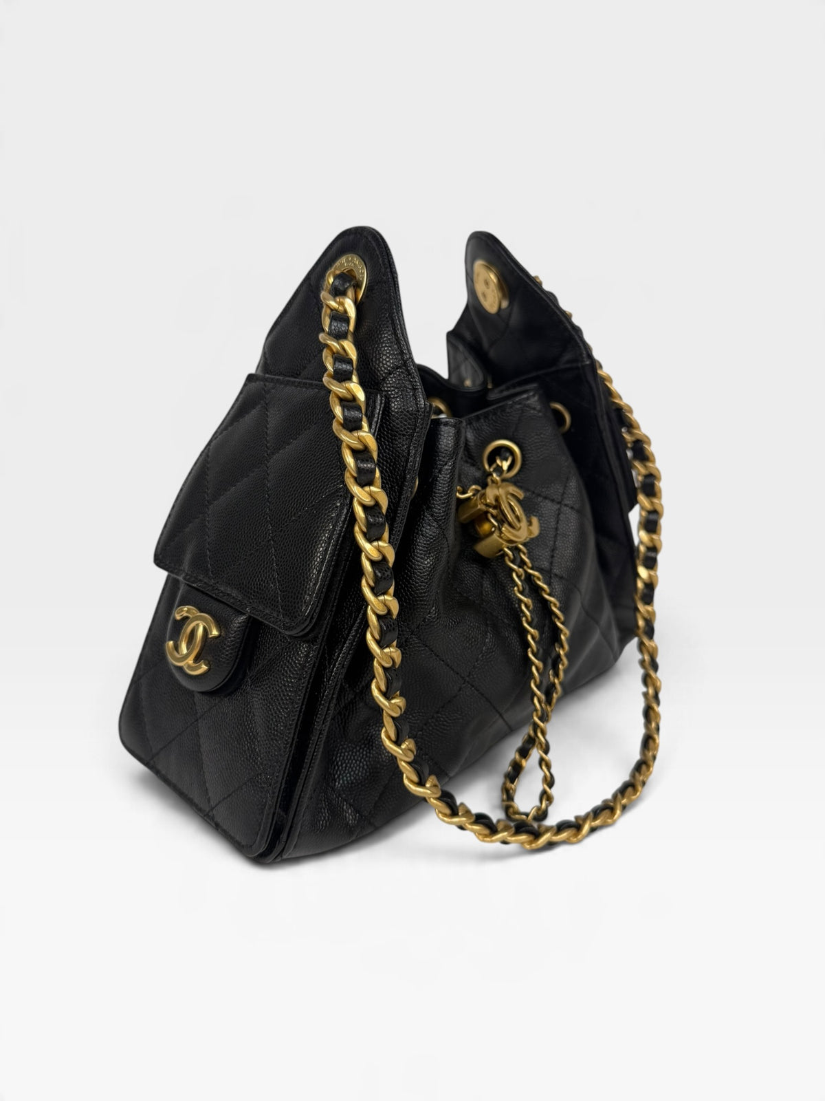 *Luxe Top Pick* Chanel 25 Micro In Black Caviar Leather With Aged Gold Hardware. 100% authentic and pre loved in excellent condition.