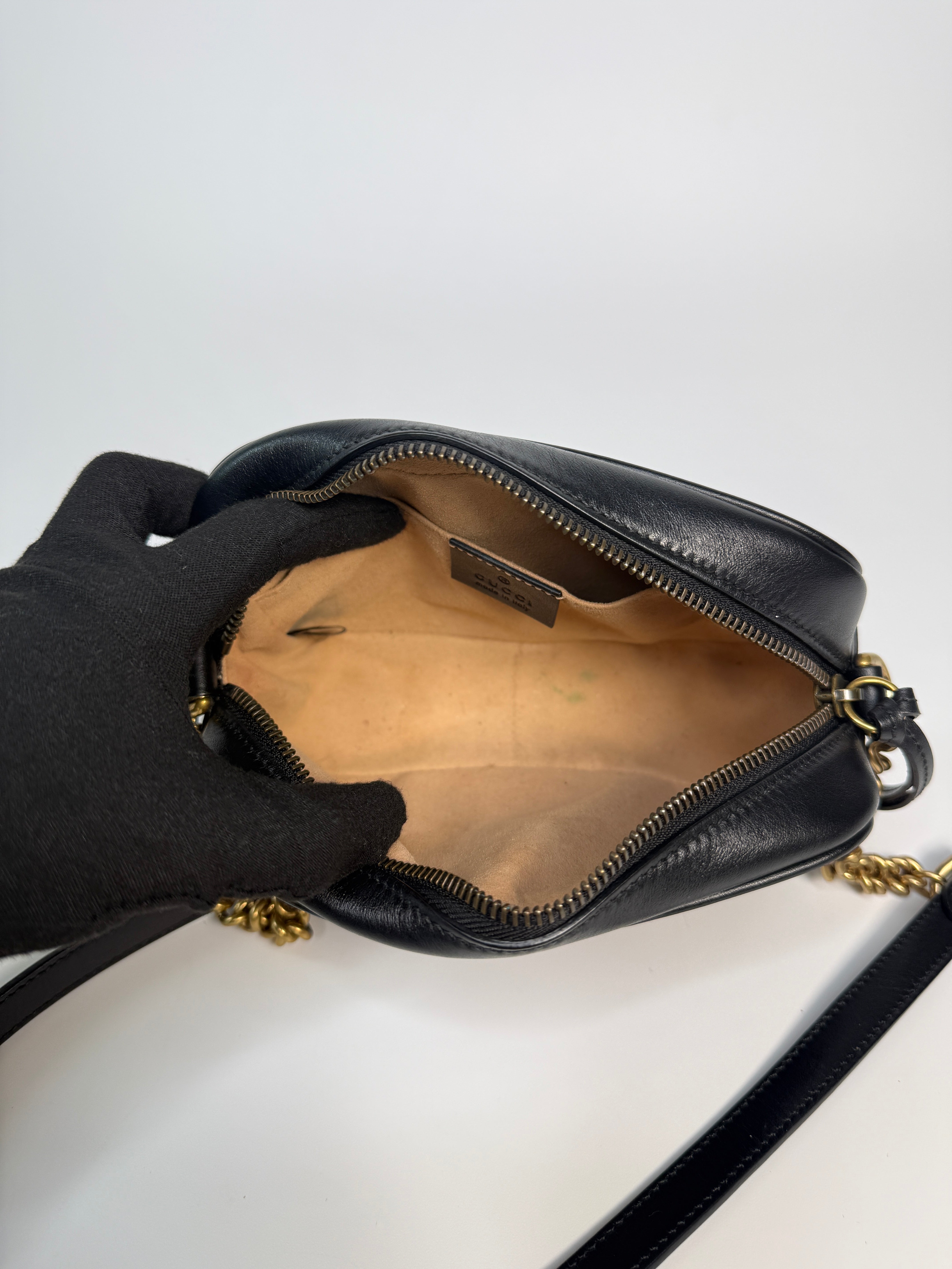 Gucci Small Marmont Camera Bag In Black Leather With Gold Hardware In Excellent Condition.
Authentic Pre Loved Verified by Luxe Cheshire Trusted Designer resale