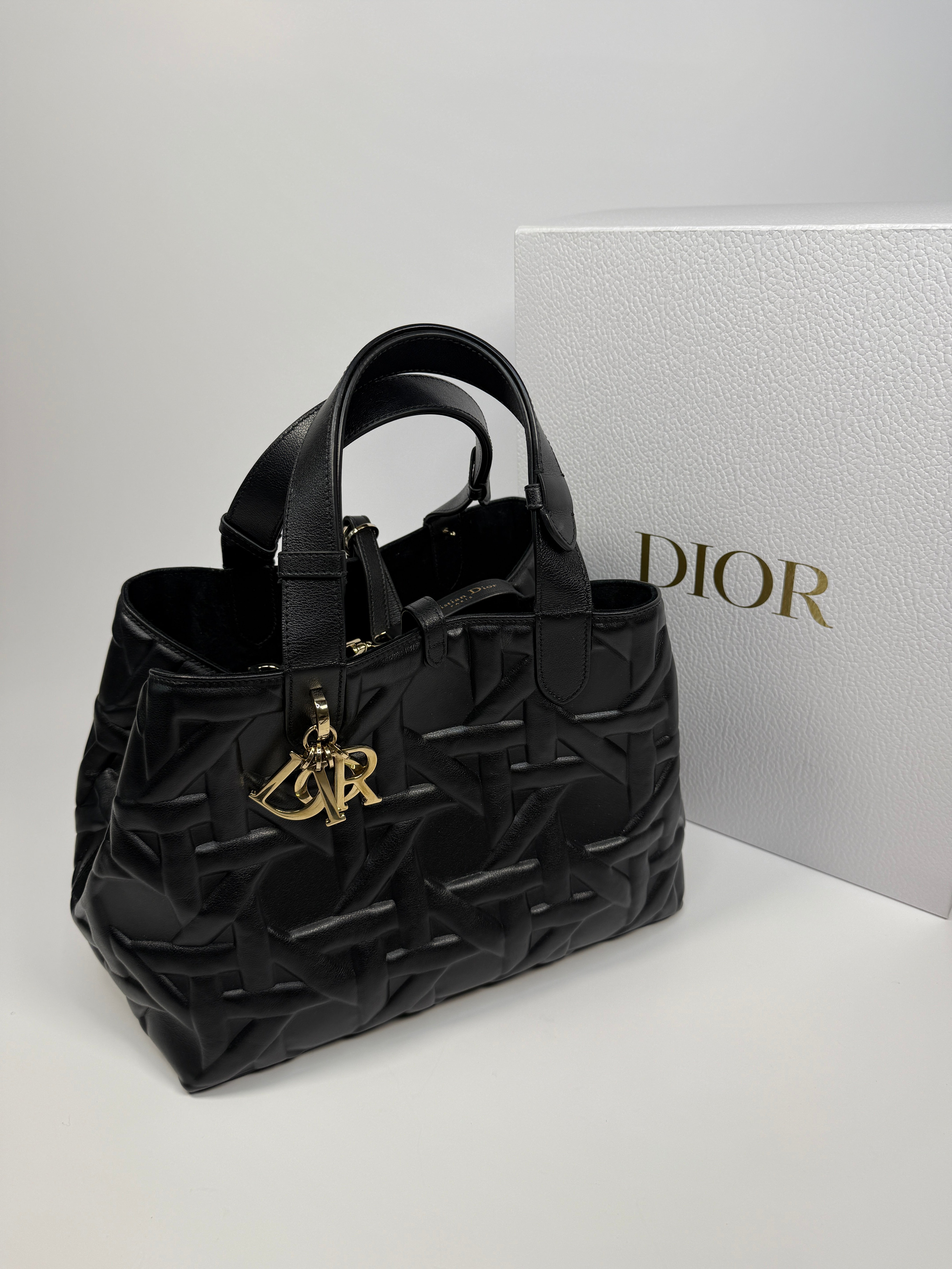 Christian Dior Medium Dior Toujours Bag in black calfskin with gold hardware, authentic and preloved in excellent condition