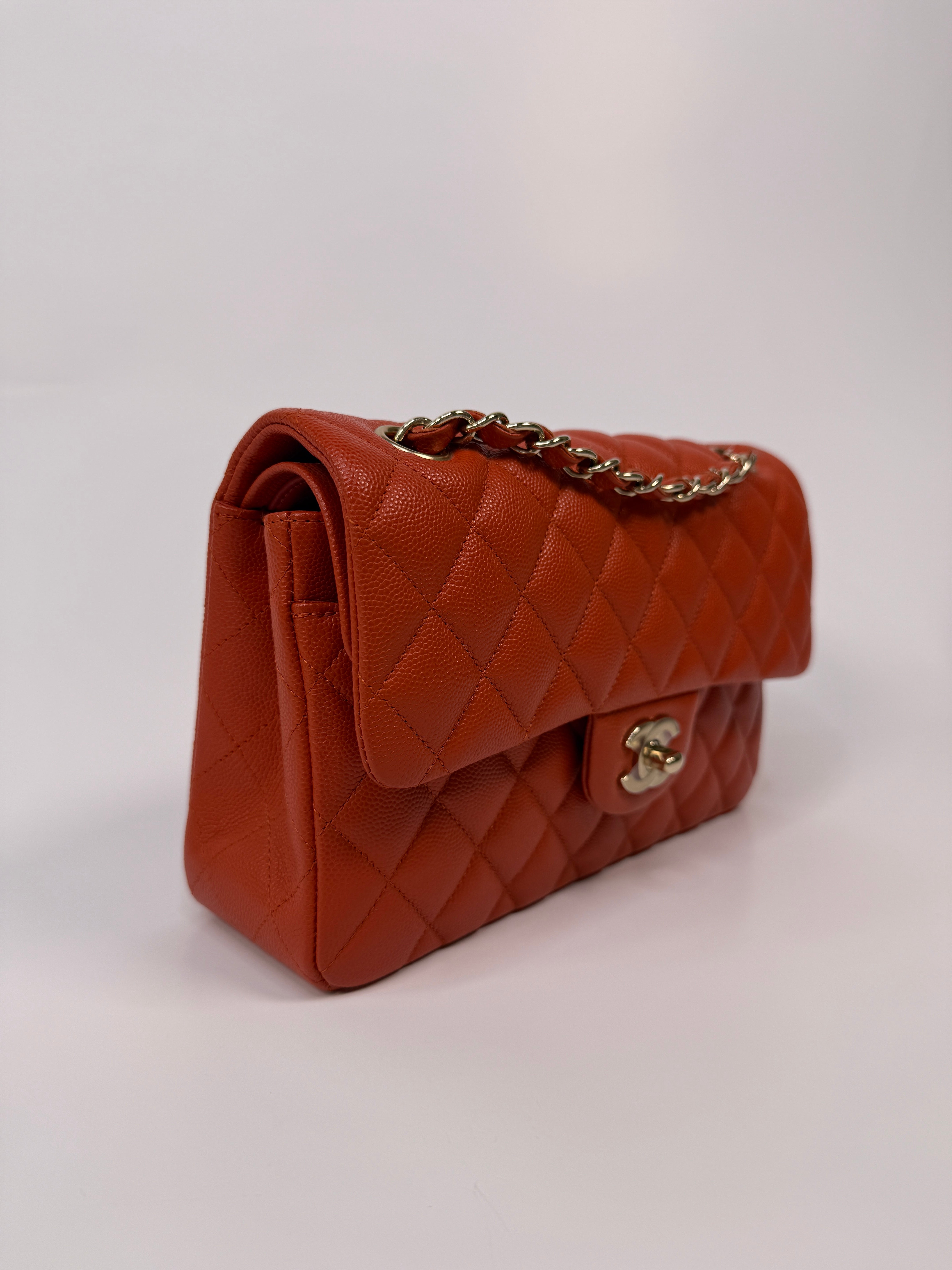 Chanel Small Classic Double Flap In Orange/Red Caviar Leather With PGHW
