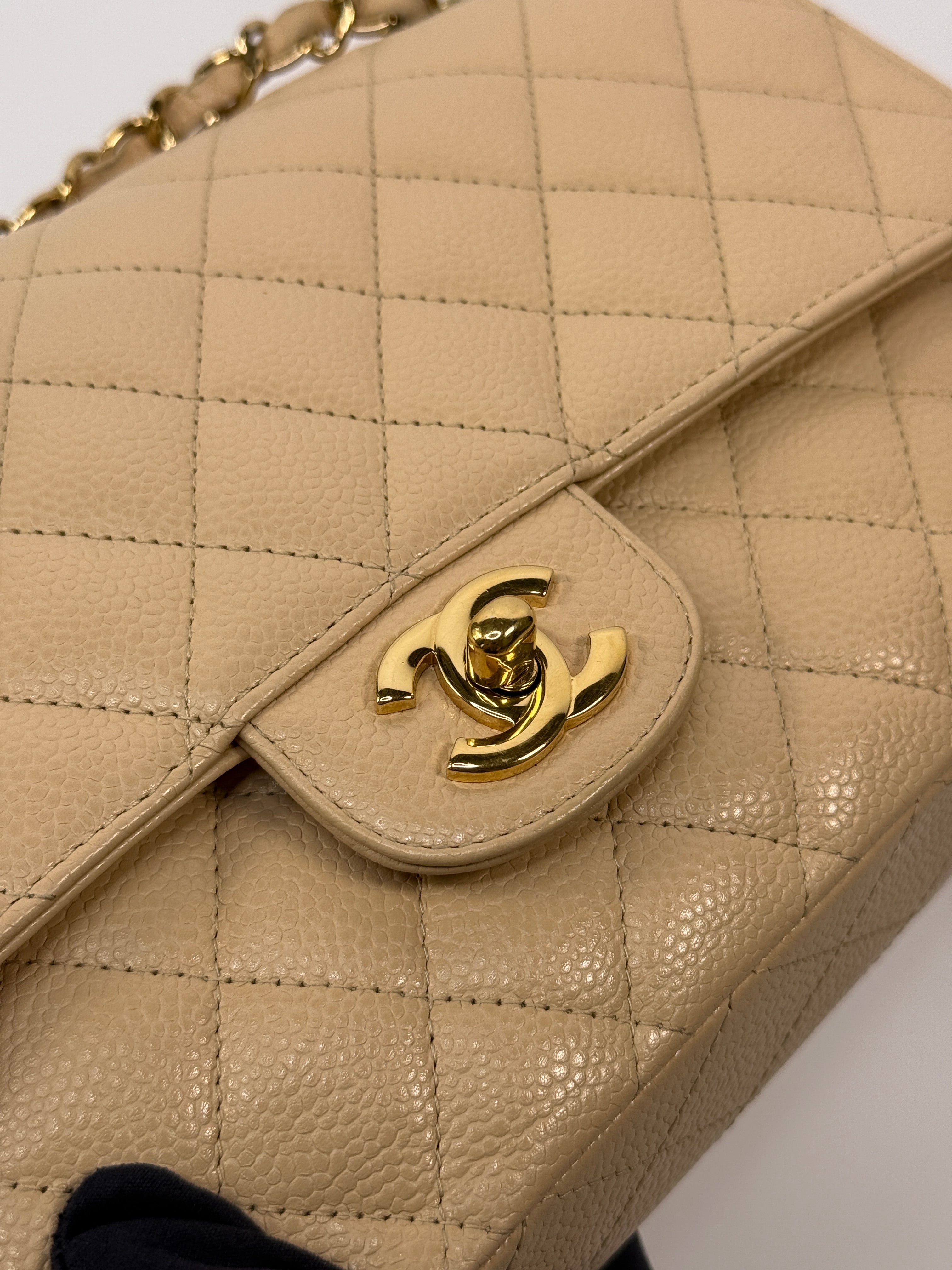 Chanel Medium Classic Double Flap Beige Caviar Leather With Gold Hardware
Pre Loved & Authentic