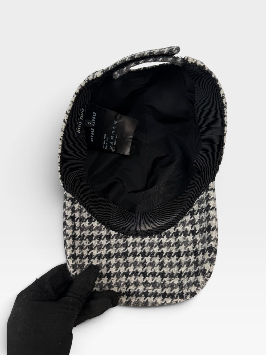 Miu Miu Virgin Wool Houndstooth Logo Embroidery Baseball Cap. Insured next day delivery . Verified by luxe cheshire