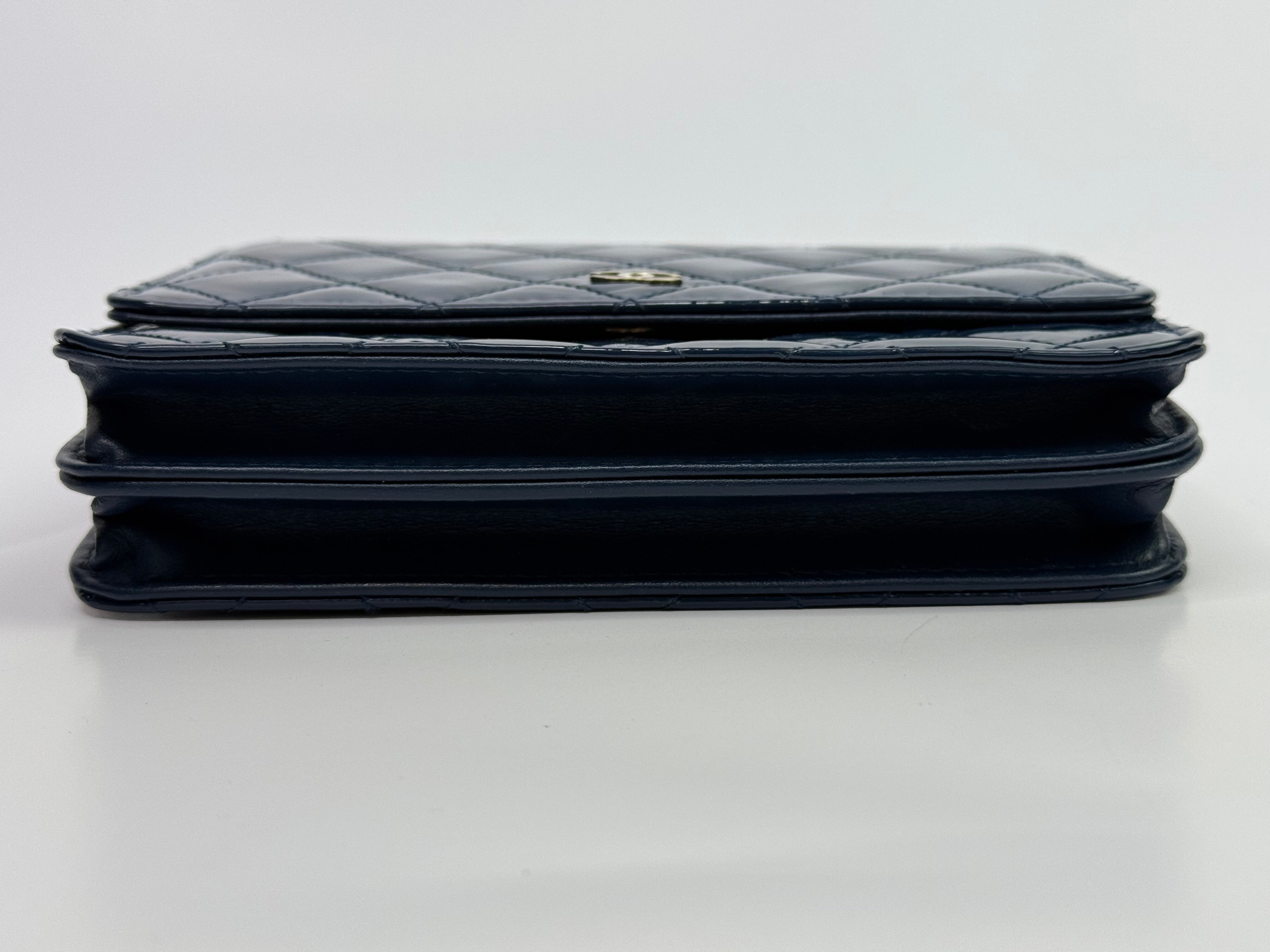 Chanel Square Wallet On Chain In Patent Navy Leather GHW