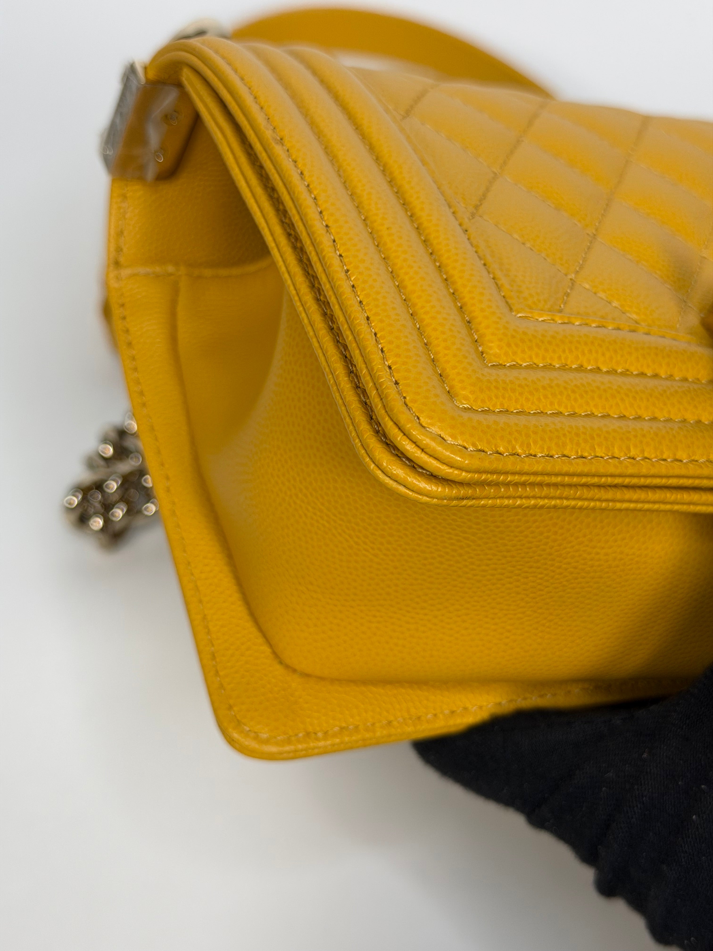 Chanel Small Boy Bag In Yellow Caviar Leather With Pale Gold Hardware