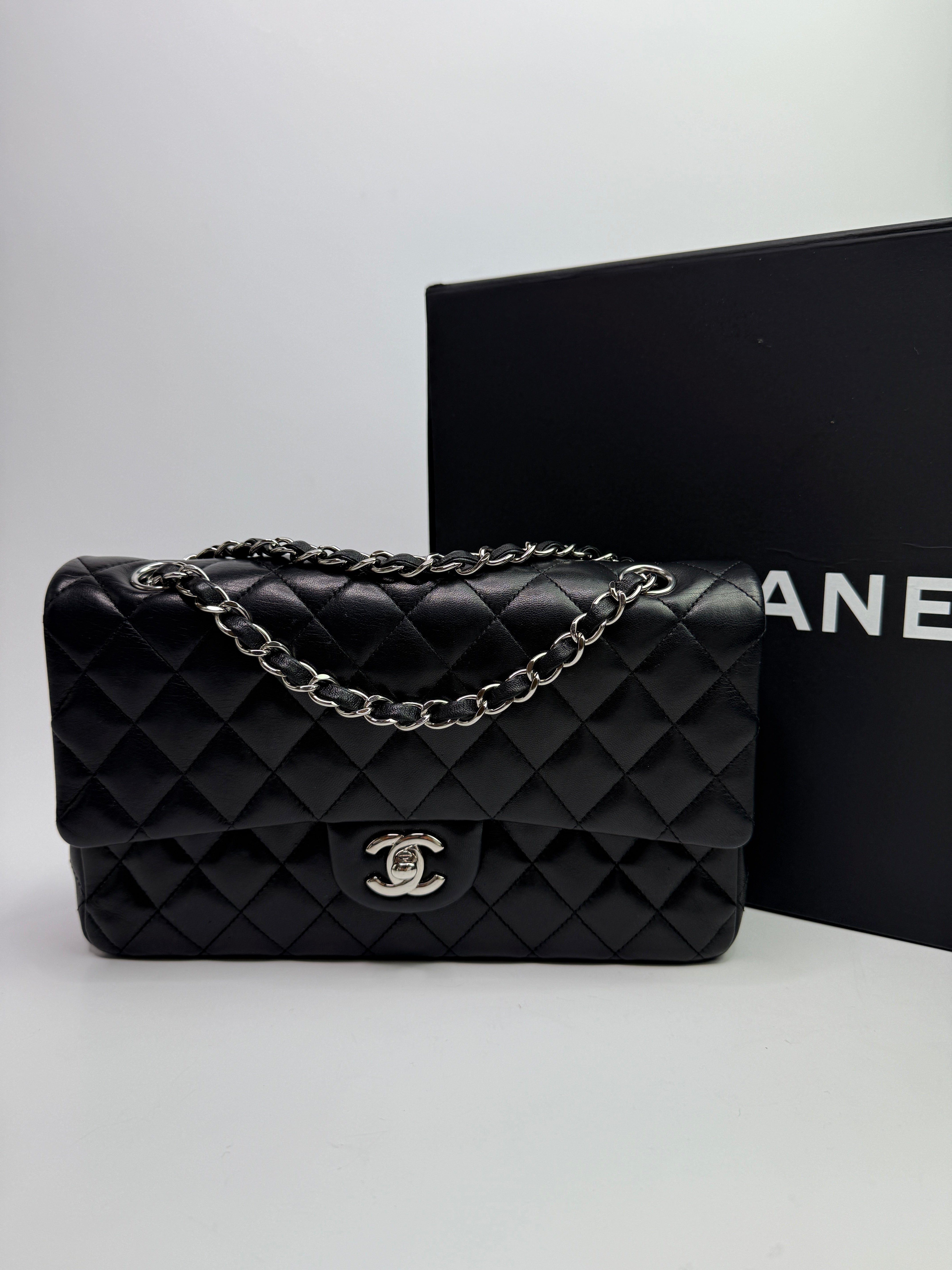 Chanel Medium Classic Double Flap Black Lambskin With Silver Hardware
Pre Loved & Authentic